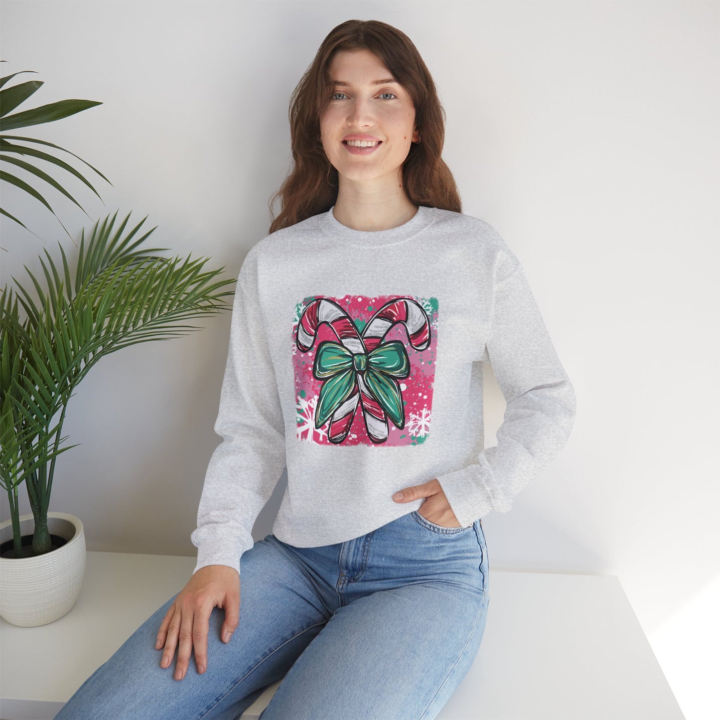 Cute Holiday Candy Cane and Bow Christmas Sweatshirt