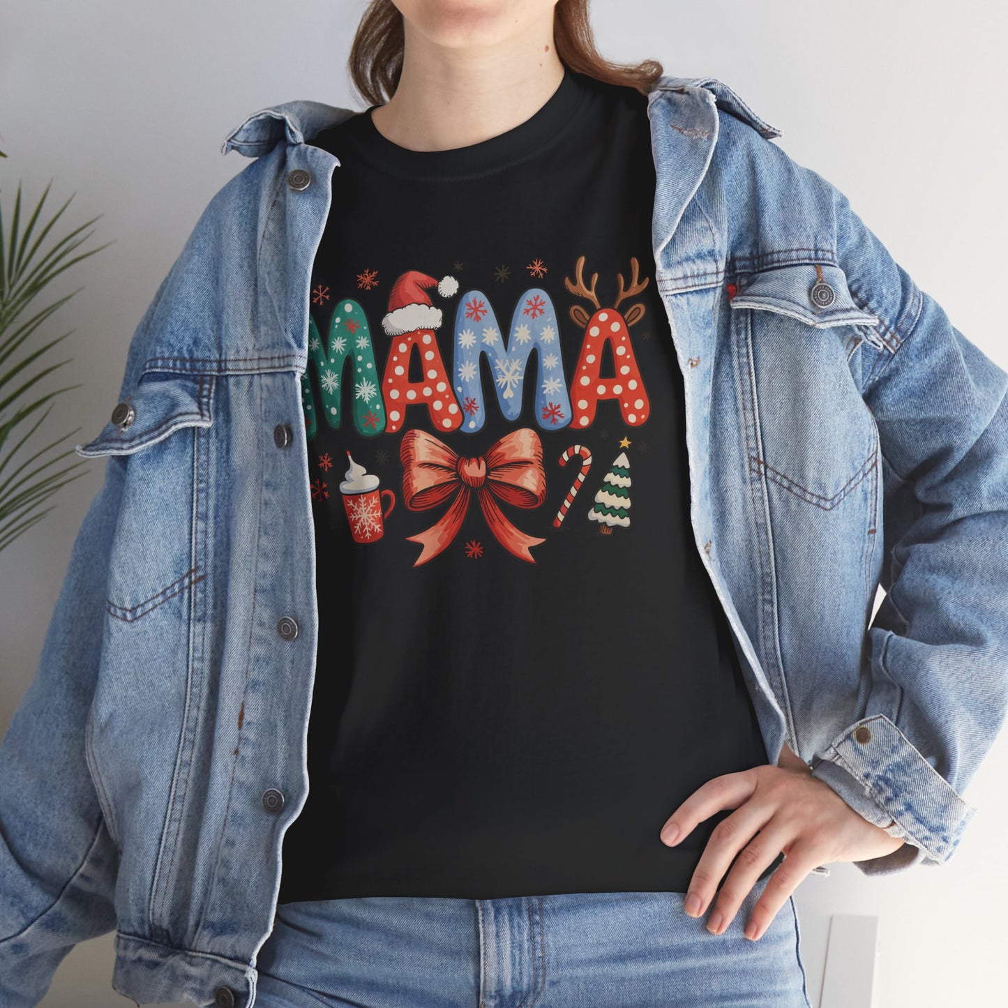 Cute Holiday MAMA Shirt | With Santa Hat, Bow, and Christmas Tree Graphic