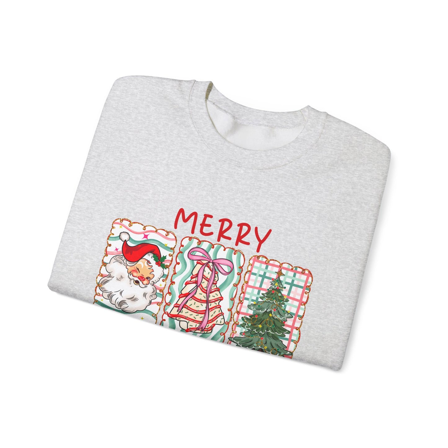 Festive Merry Christmas Crewneck Sweatshirt with Santa, Tree, & Bow Art