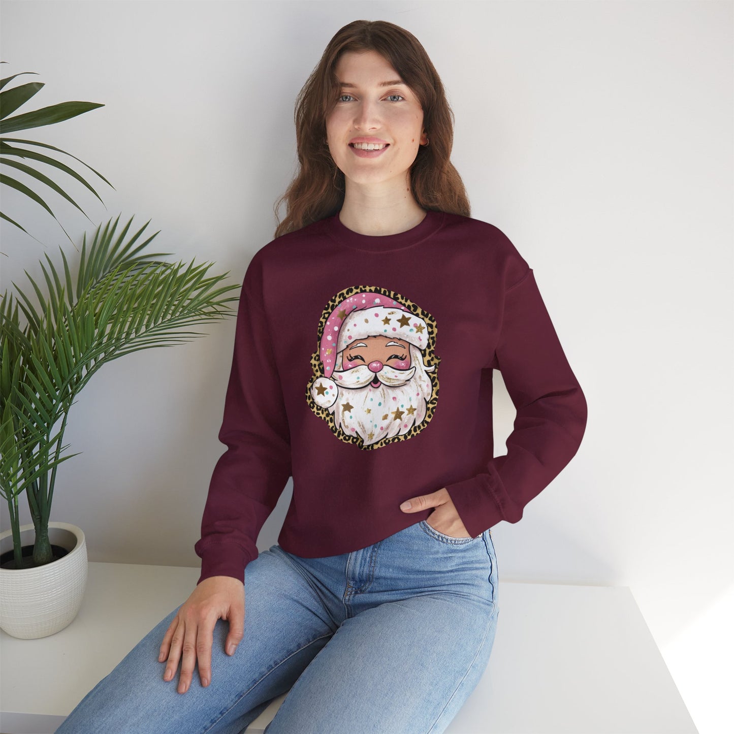 Sassy Pink Santa Head with Leopard Print Hat Christmas Sweatshirt