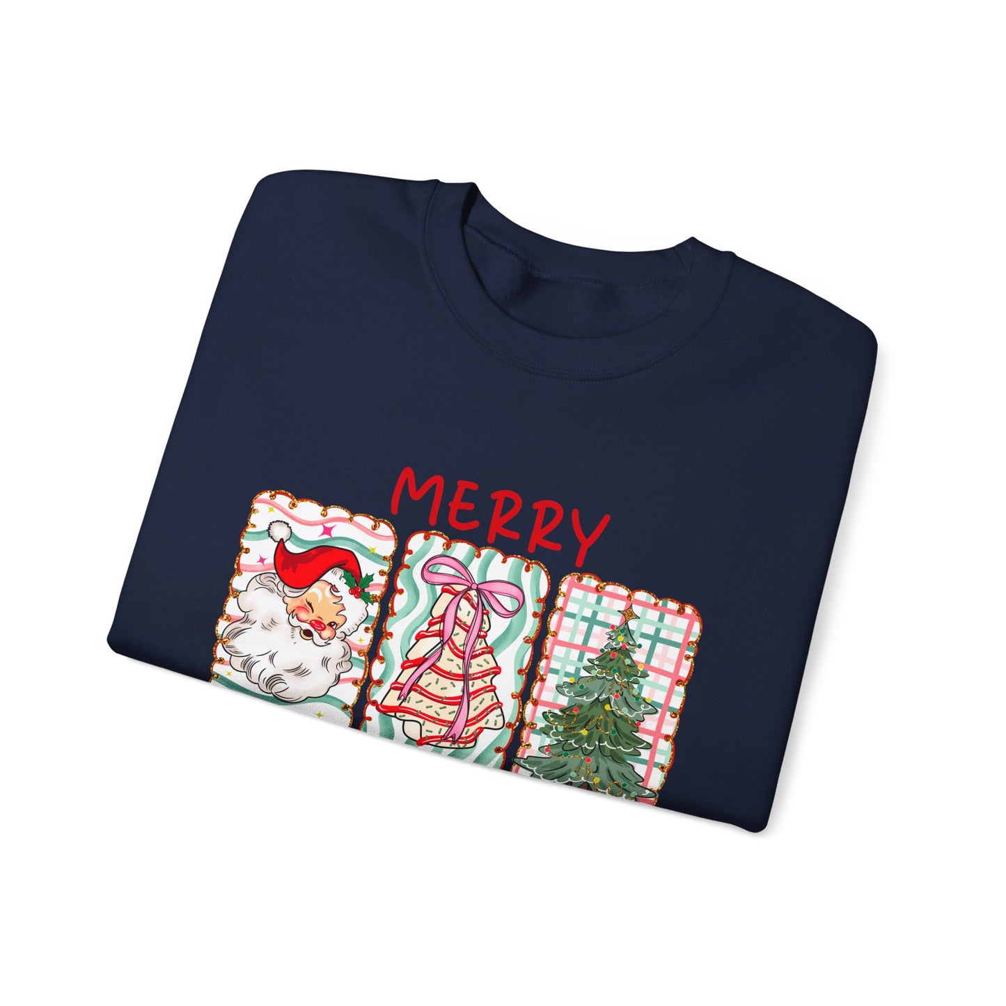Festive Merry Christmas Crewneck Sweatshirt with Santa, Tree, & Bow Art