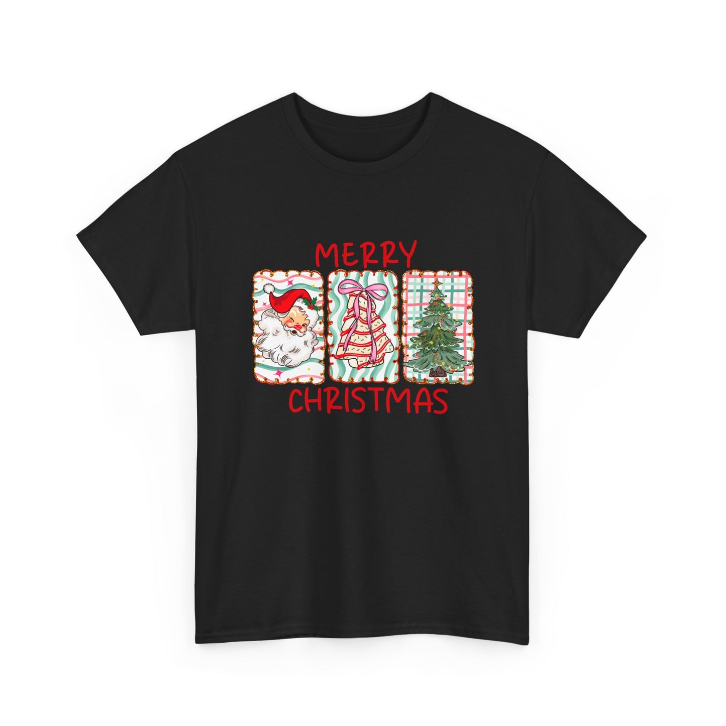 MERRY CHRISTMAS Grid T-Shirt | Santa, Tree, and Plaid Window Pane Tee