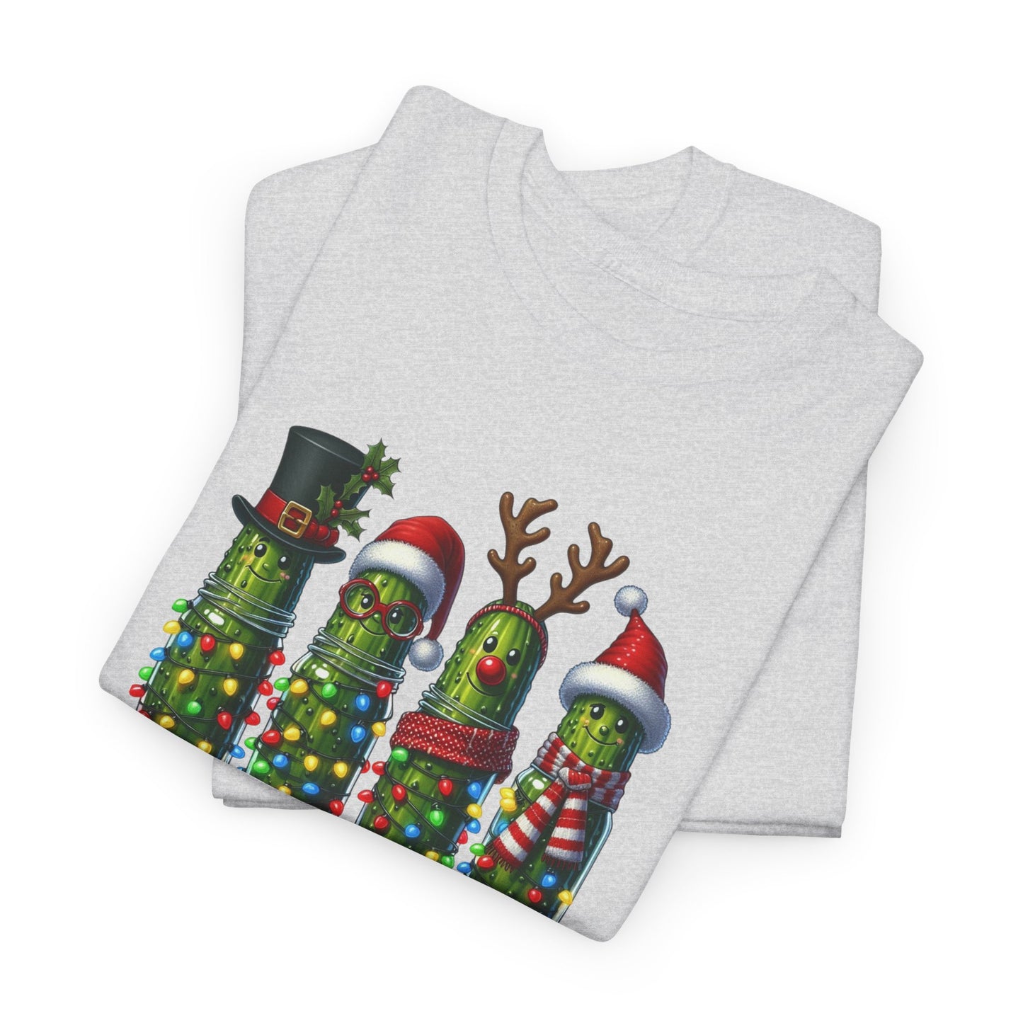 Funny Christmas Pickle T-Shirt | Festive Pickles with Lights and Hats Tee