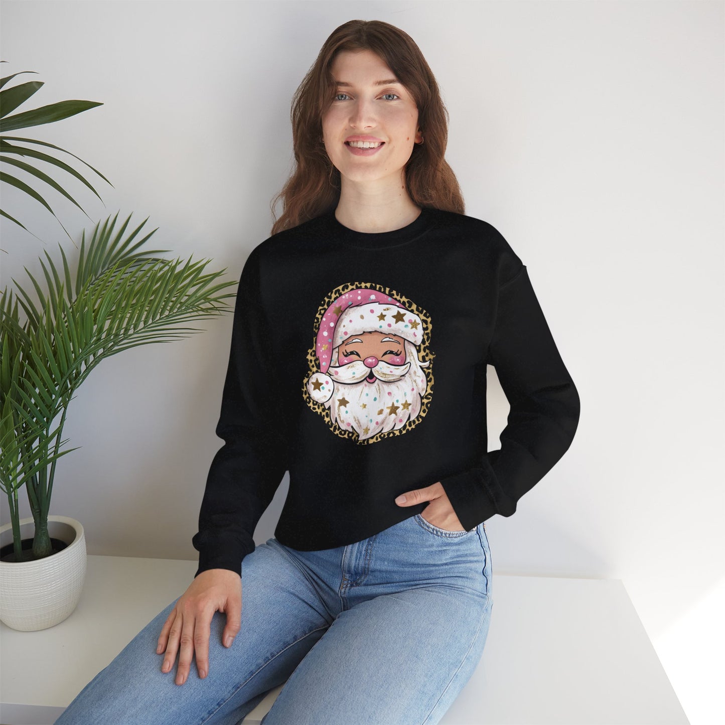Sassy Pink Santa Head with Leopard Print Hat Christmas Sweatshirt