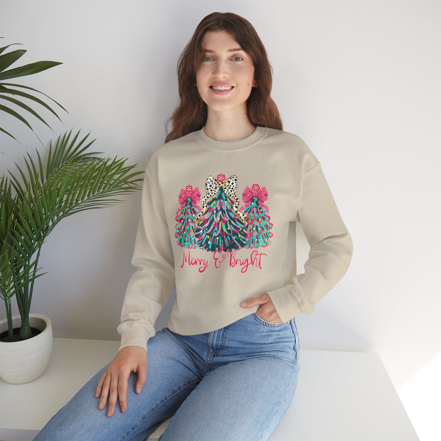 Merry & Bright' Sassy Fun Cheetah Print Bow Christmas Trees Sweatshirt