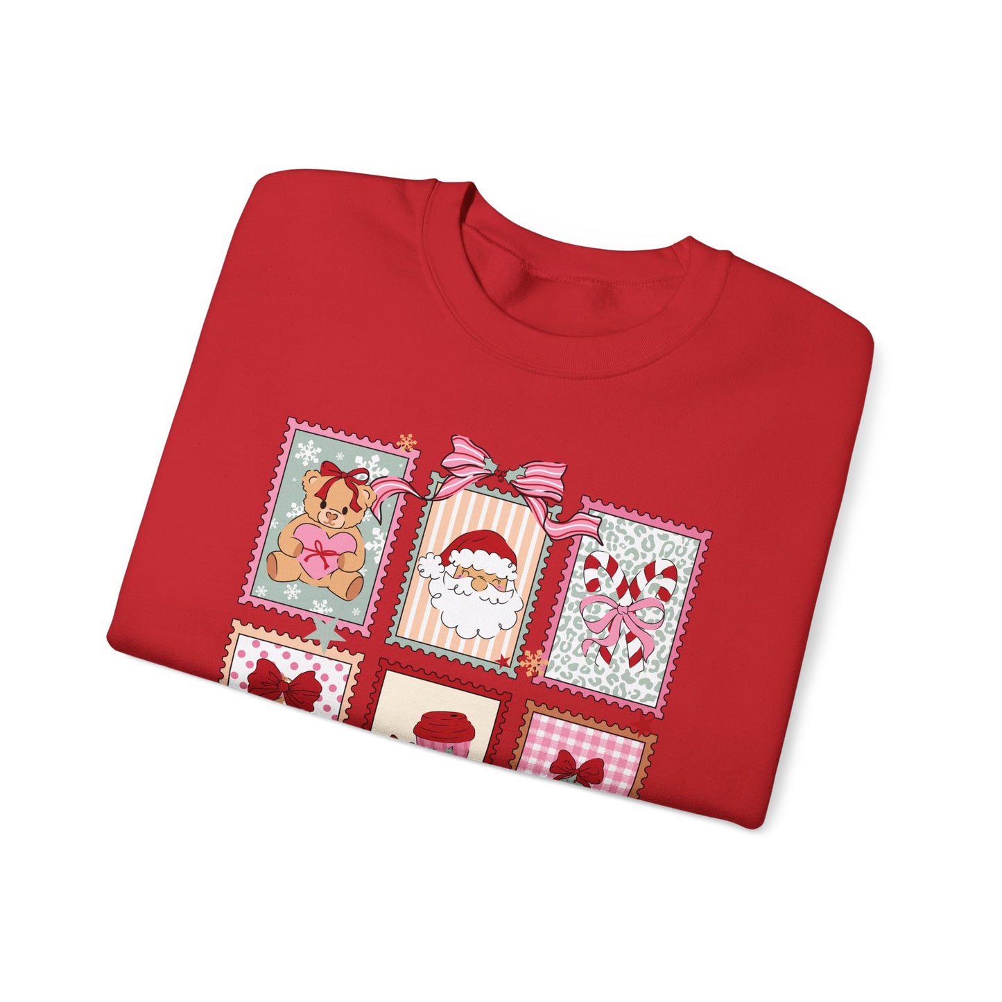 Retro Santa and Reindeer Christmas Stamp Festive Patchwork Holiday Block Sweatshirt