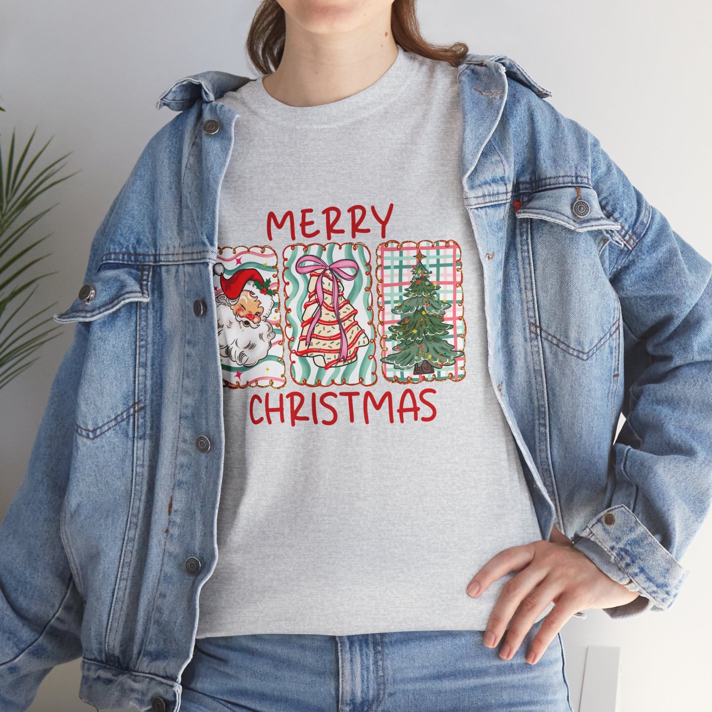 MERRY CHRISTMAS Grid T-Shirt | Santa, Tree, and Plaid Window Pane Tee