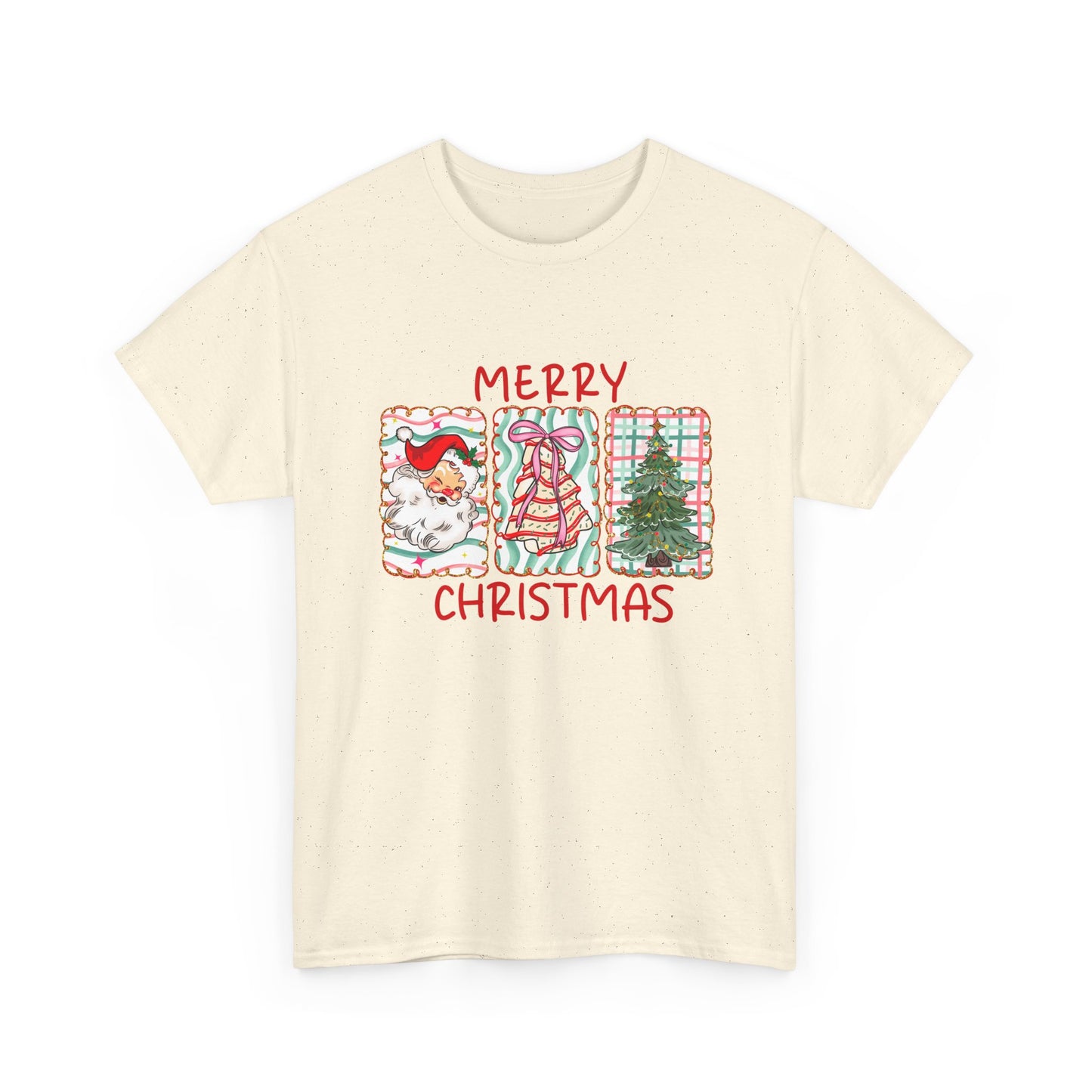 MERRY CHRISTMAS Grid T-Shirt | Santa, Tree, and Plaid Window Pane Tee