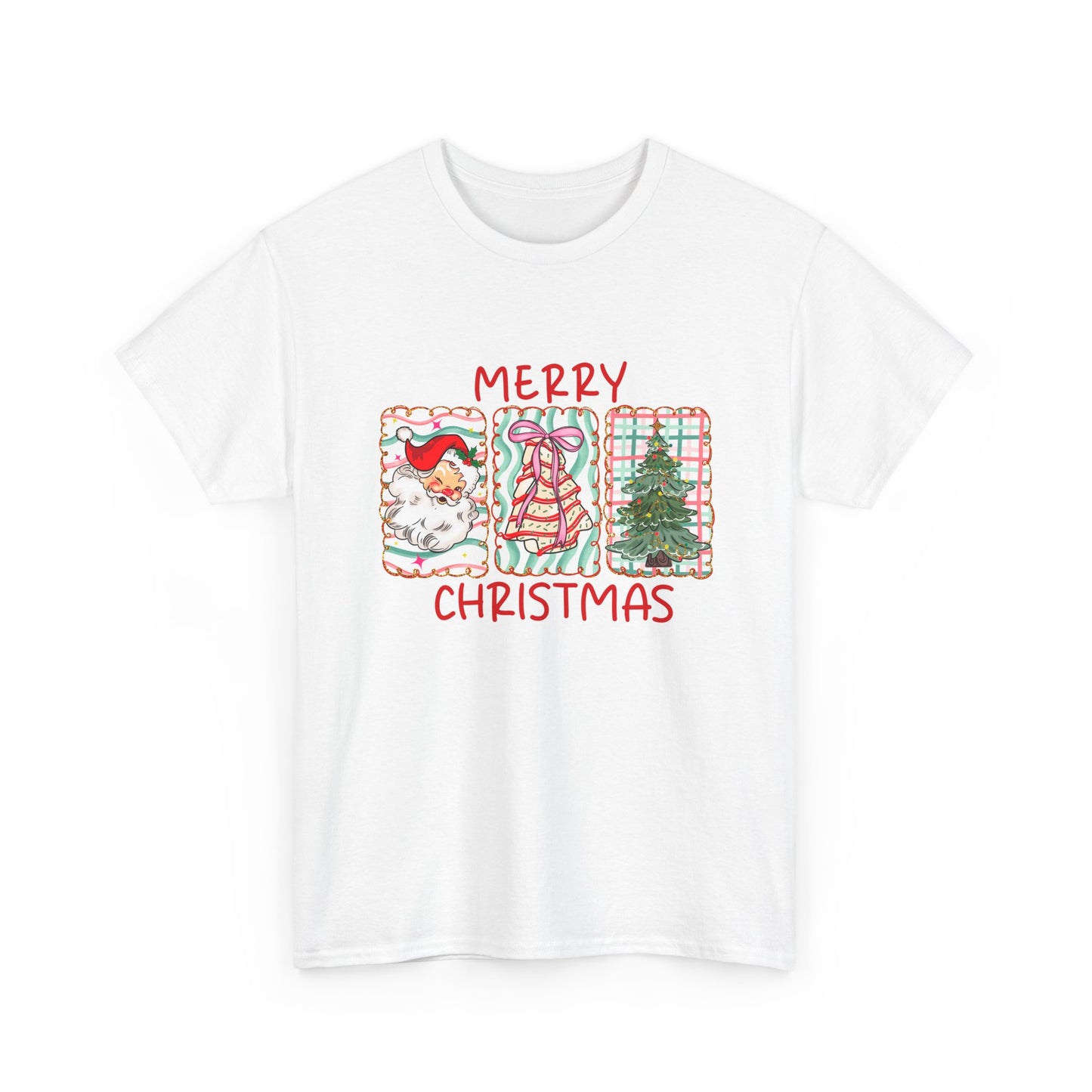 MERRY CHRISTMAS Grid T-Shirt | Santa, Tree, and Plaid Window Pane Tee