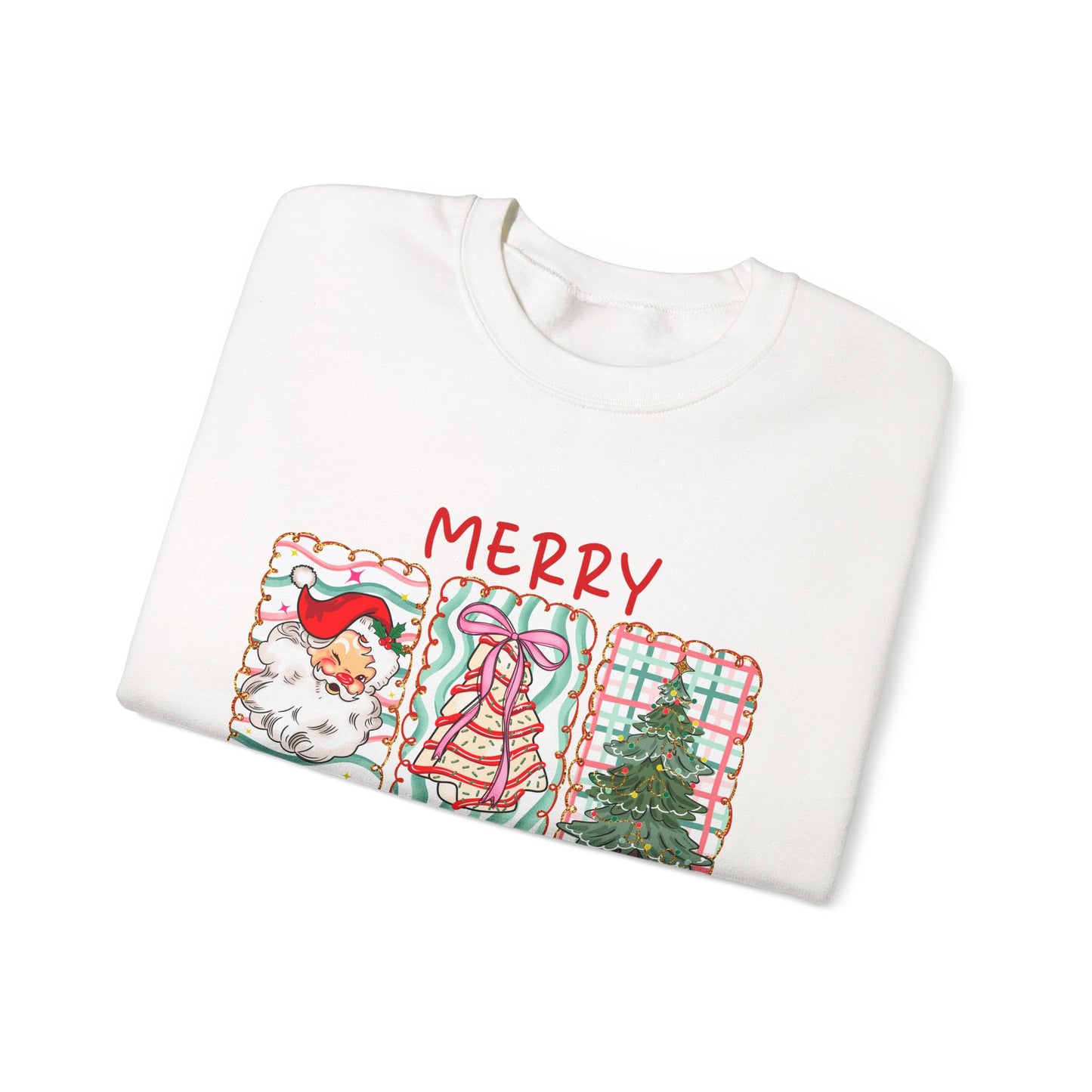 Festive Merry Christmas Crewneck Sweatshirt with Santa, Tree, & Bow Art