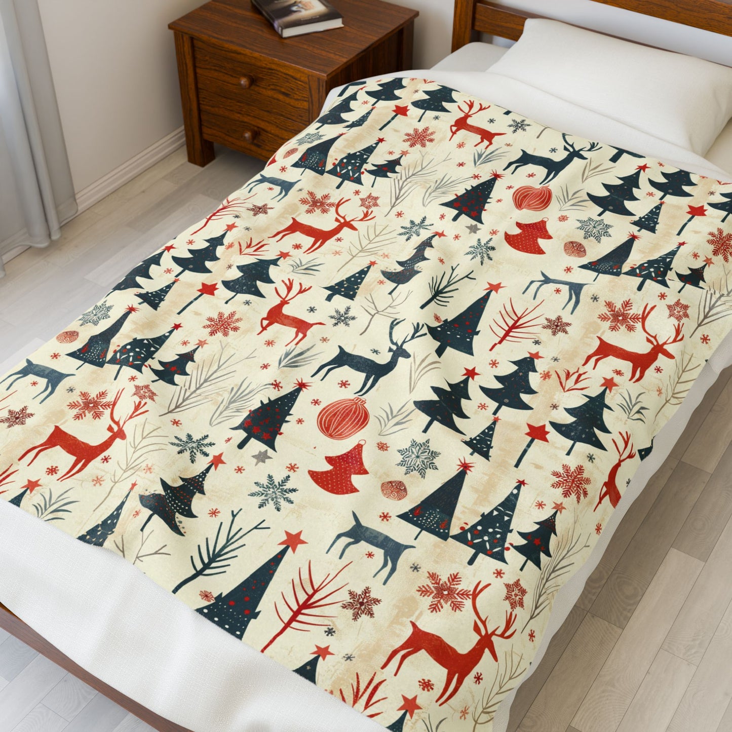 Modern Stylish Holiday Woodland Reindeer & Christmas Tree Cozy Blanket