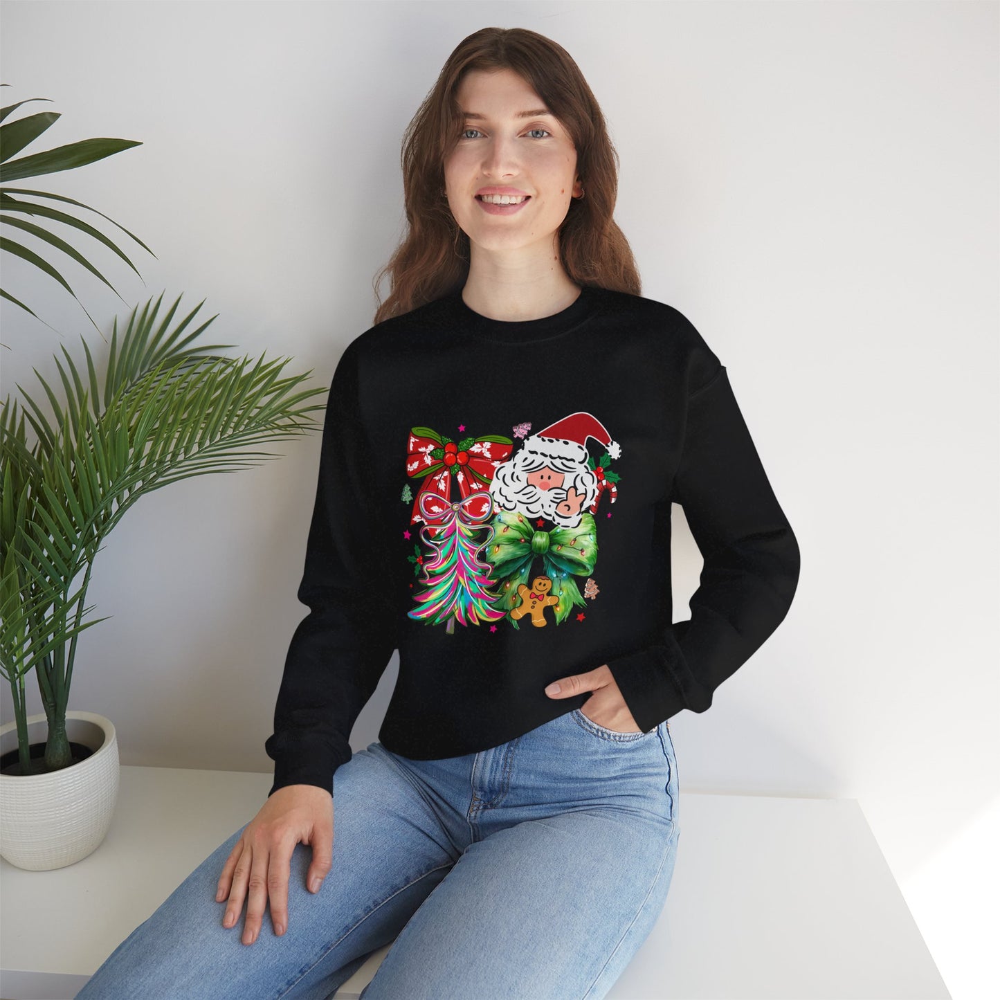 Festive Vibrant Retro Santa and Christmas Bow Graphic Sweatshirt