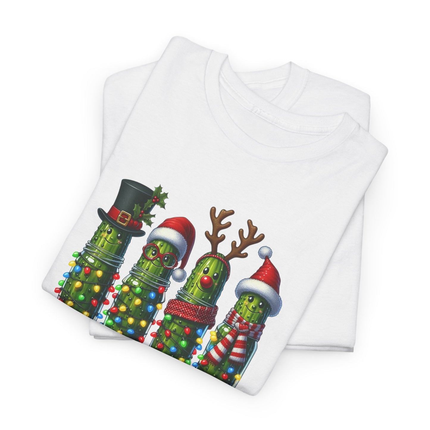 Funny Christmas Pickle T-Shirt | Festive Pickles with Lights and Hats Tee