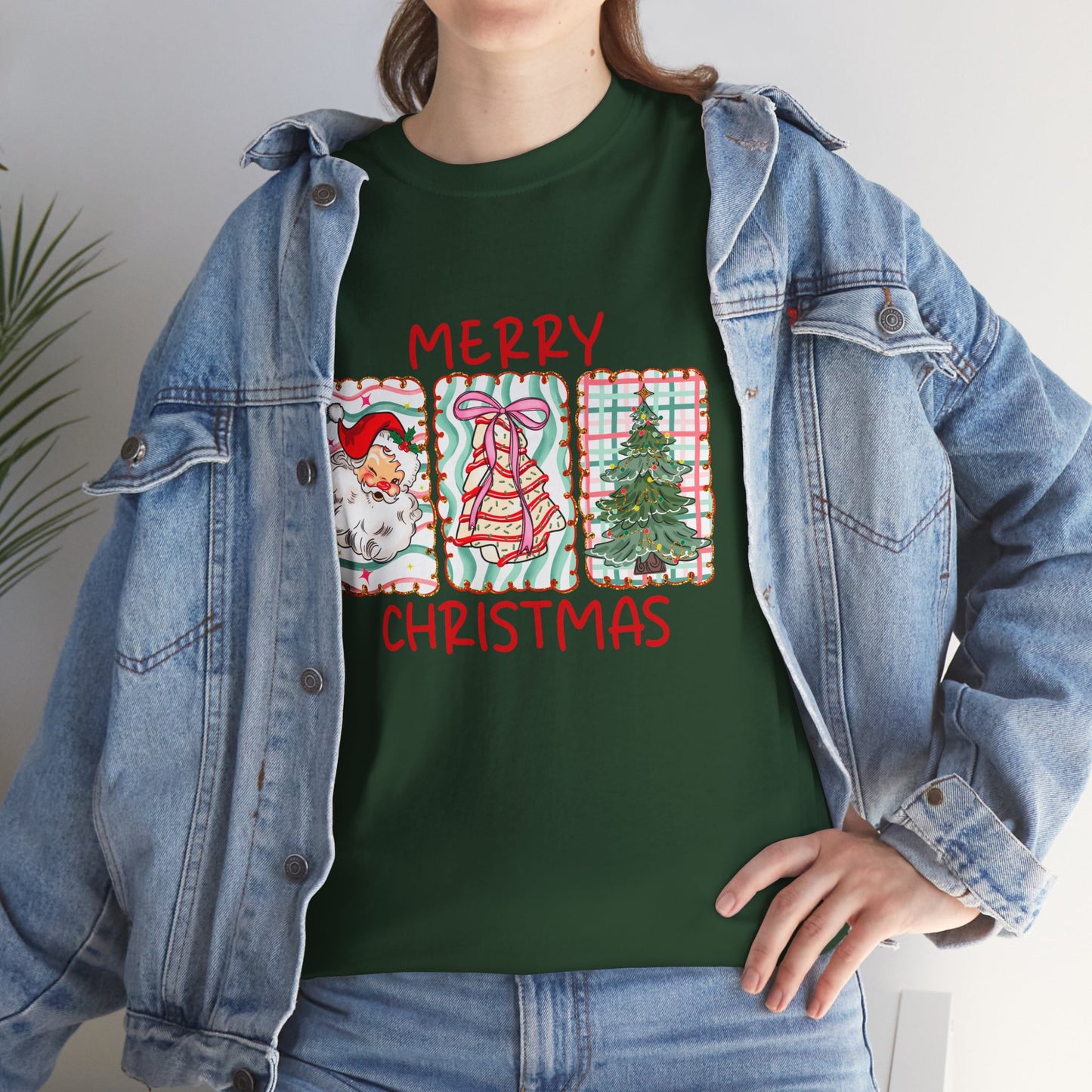 MERRY CHRISTMAS Grid T-Shirt | Santa, Tree, and Plaid Window Pane Tee
