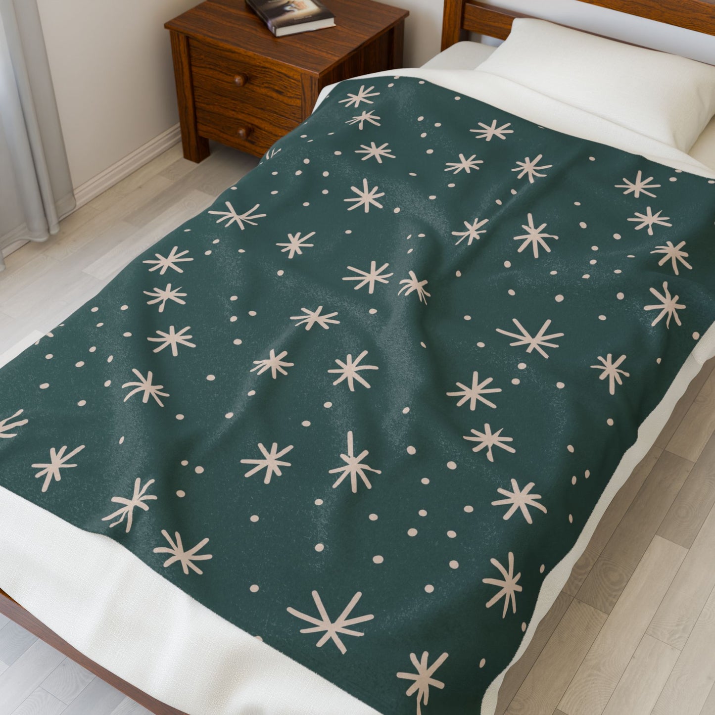 Quiet Winter Snowflake Pattern Blanket - Soft Teal Green & Cream
