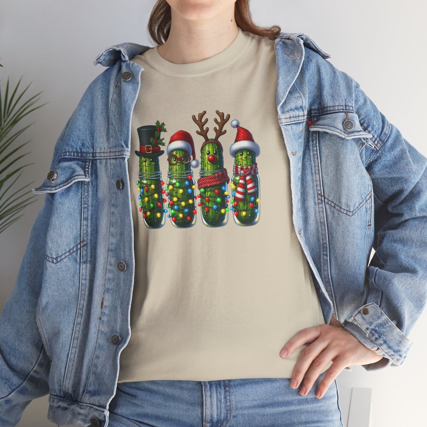 Funny Christmas Pickle T-Shirt | Festive Pickles with Lights and Hats Tee