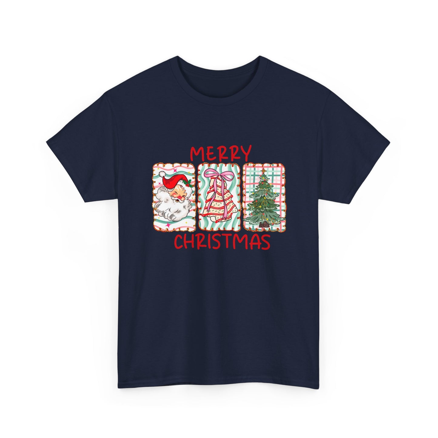 MERRY CHRISTMAS Grid T-Shirt | Santa, Tree, and Plaid Window Pane Tee