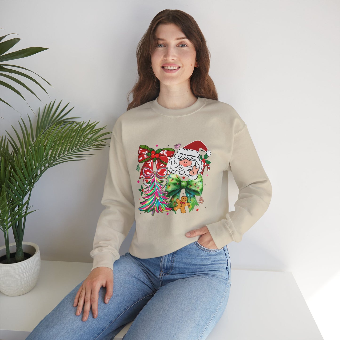 Festive Vibrant Retro Santa and Christmas Bow Graphic Sweatshirt