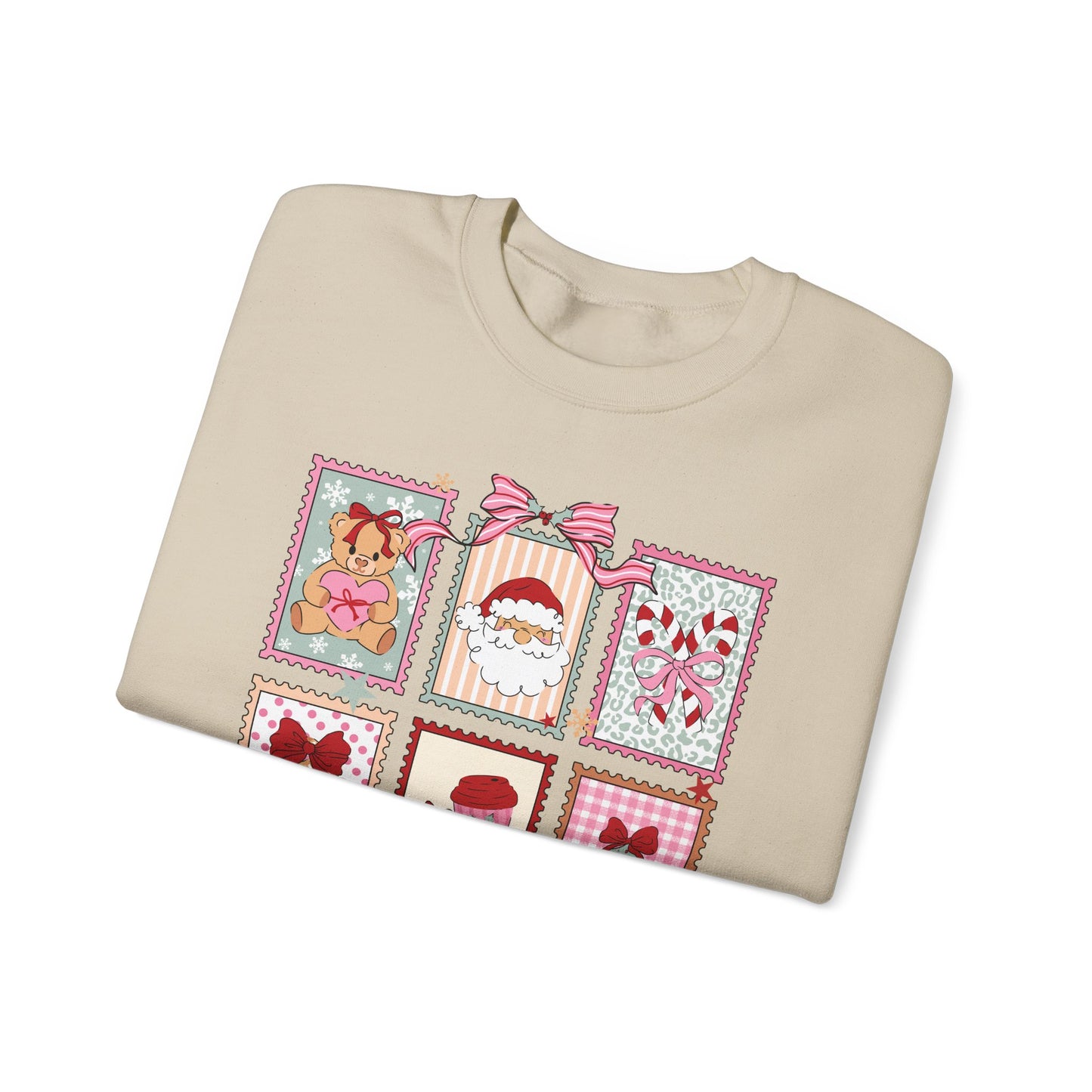 Retro Santa and Reindeer Christmas Stamp Festive Patchwork Holiday Block Sweatshirt