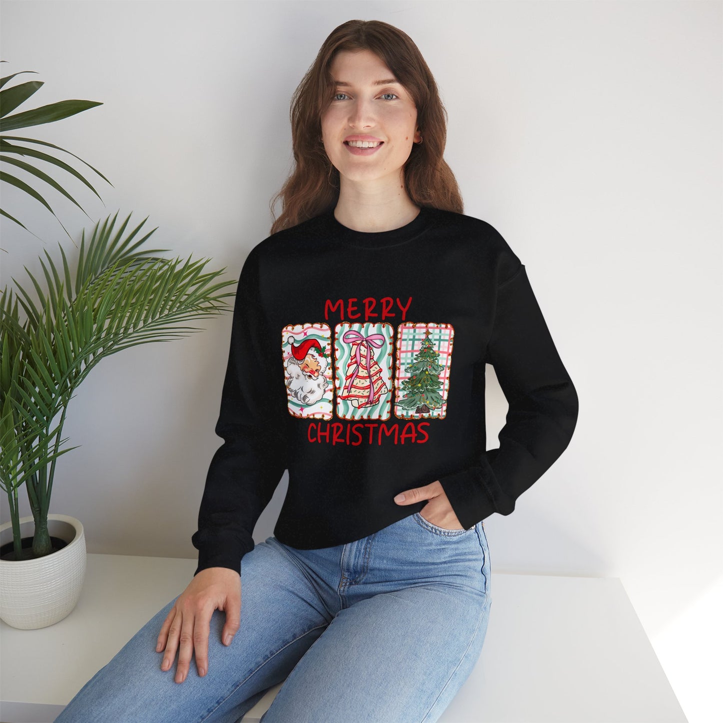 Festive Merry Christmas Crewneck Sweatshirt with Santa, Tree, & Bow Art