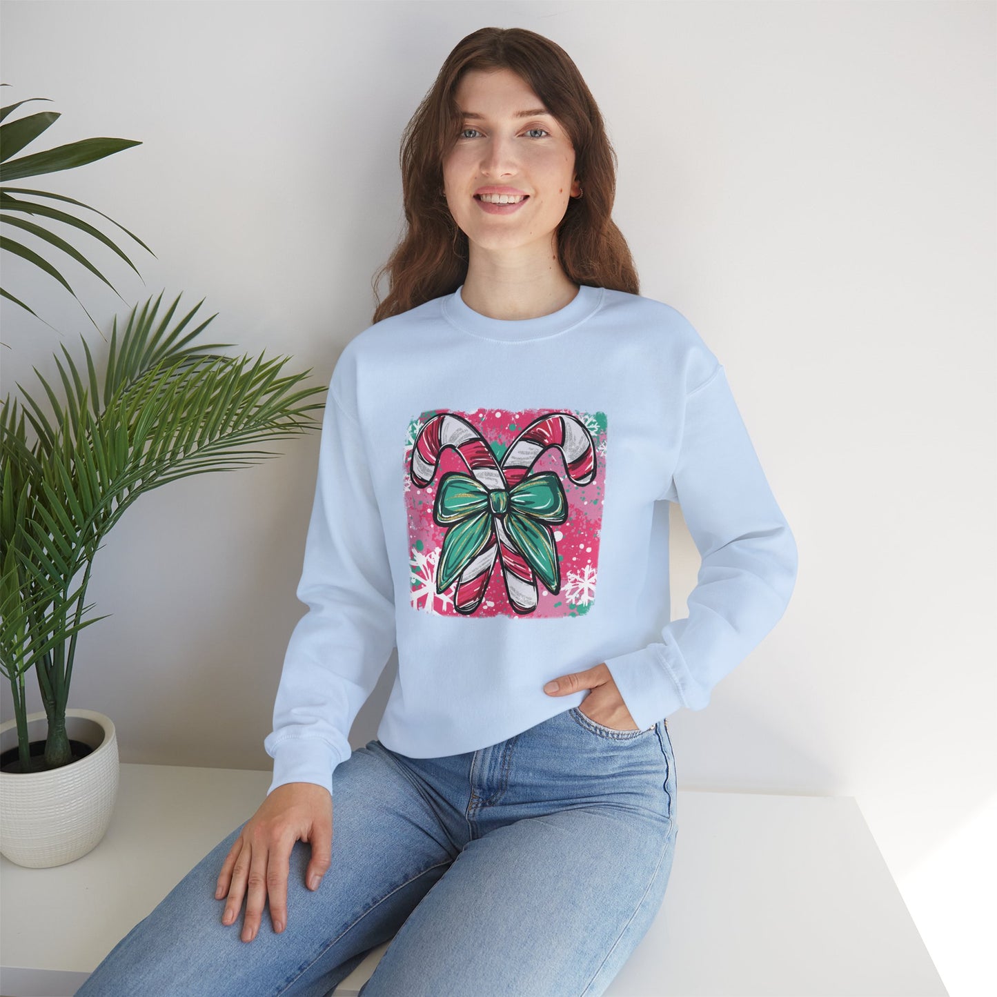 Cute Holiday Candy Cane and Bow Christmas Sweatshirt