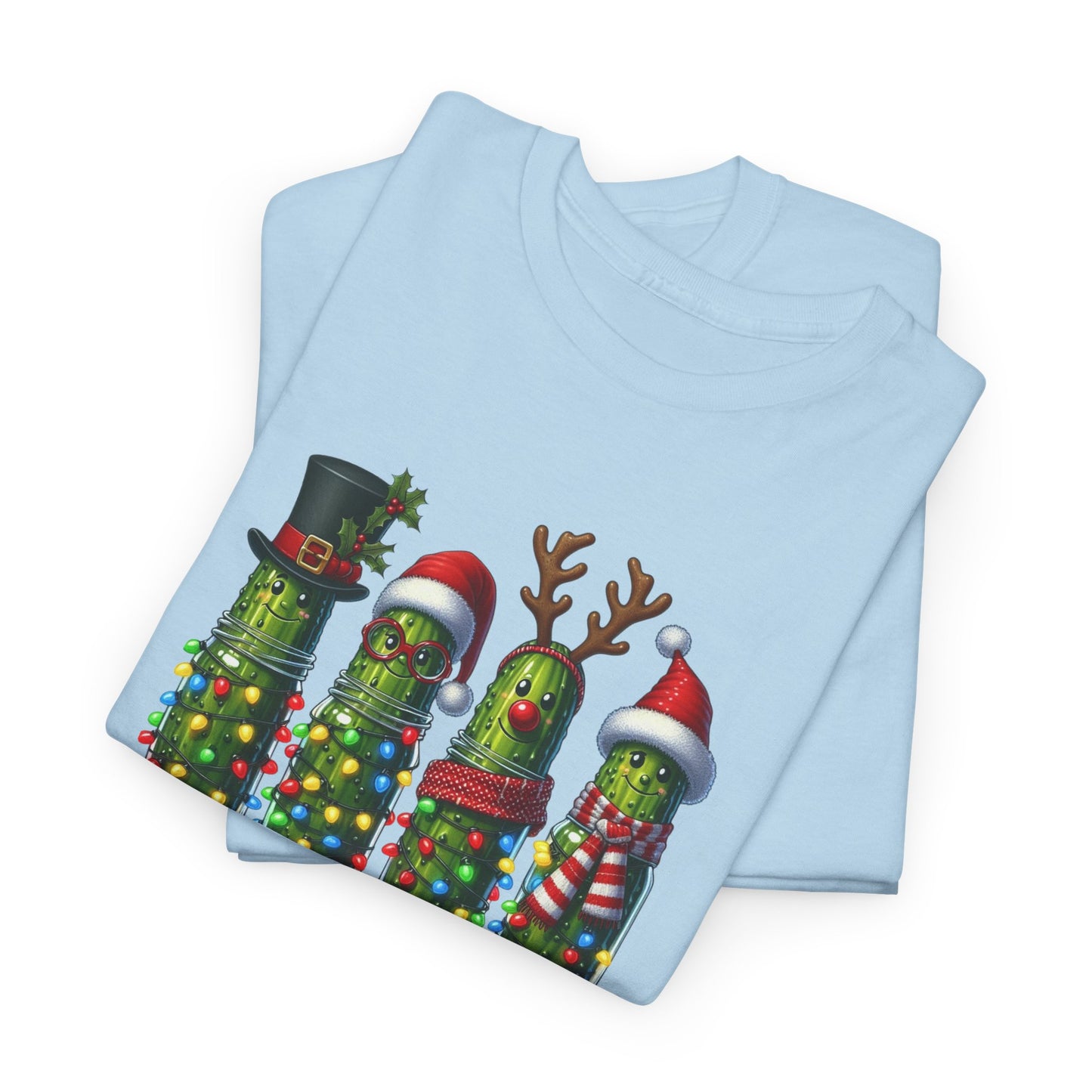 Funny Christmas Pickle T-Shirt | Festive Pickles with Lights and Hats Tee