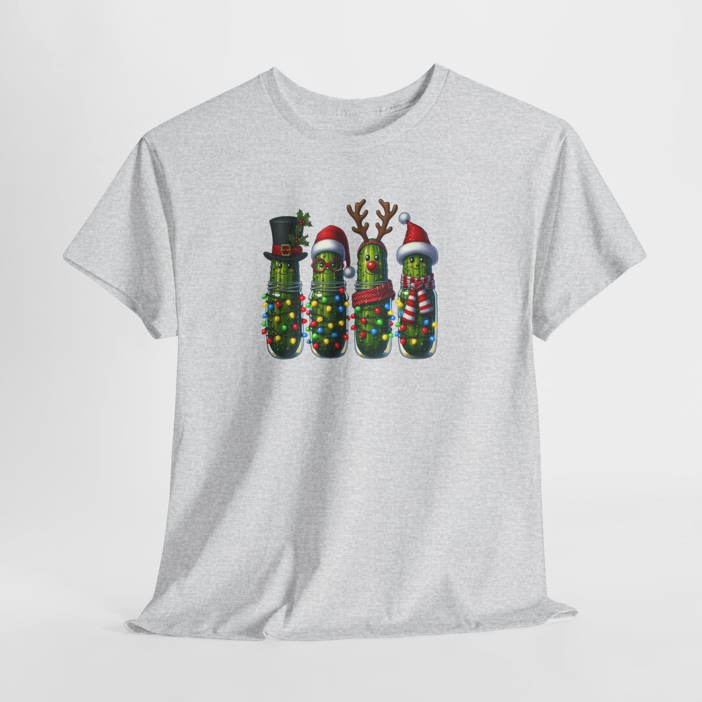 Funny Christmas Pickle T-Shirt | Festive Pickles with Lights and Hats Tee