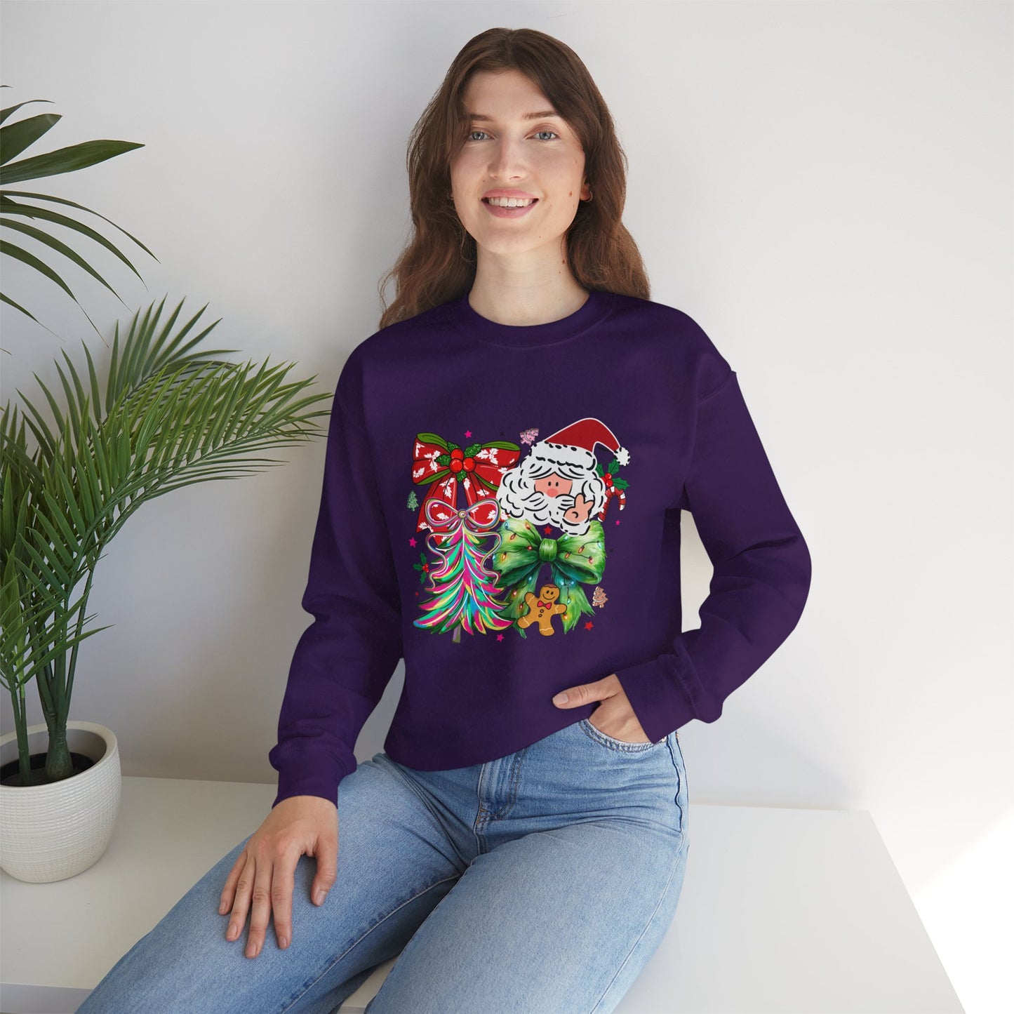 Festive Vibrant Retro Santa and Christmas Bow Graphic Sweatshirt