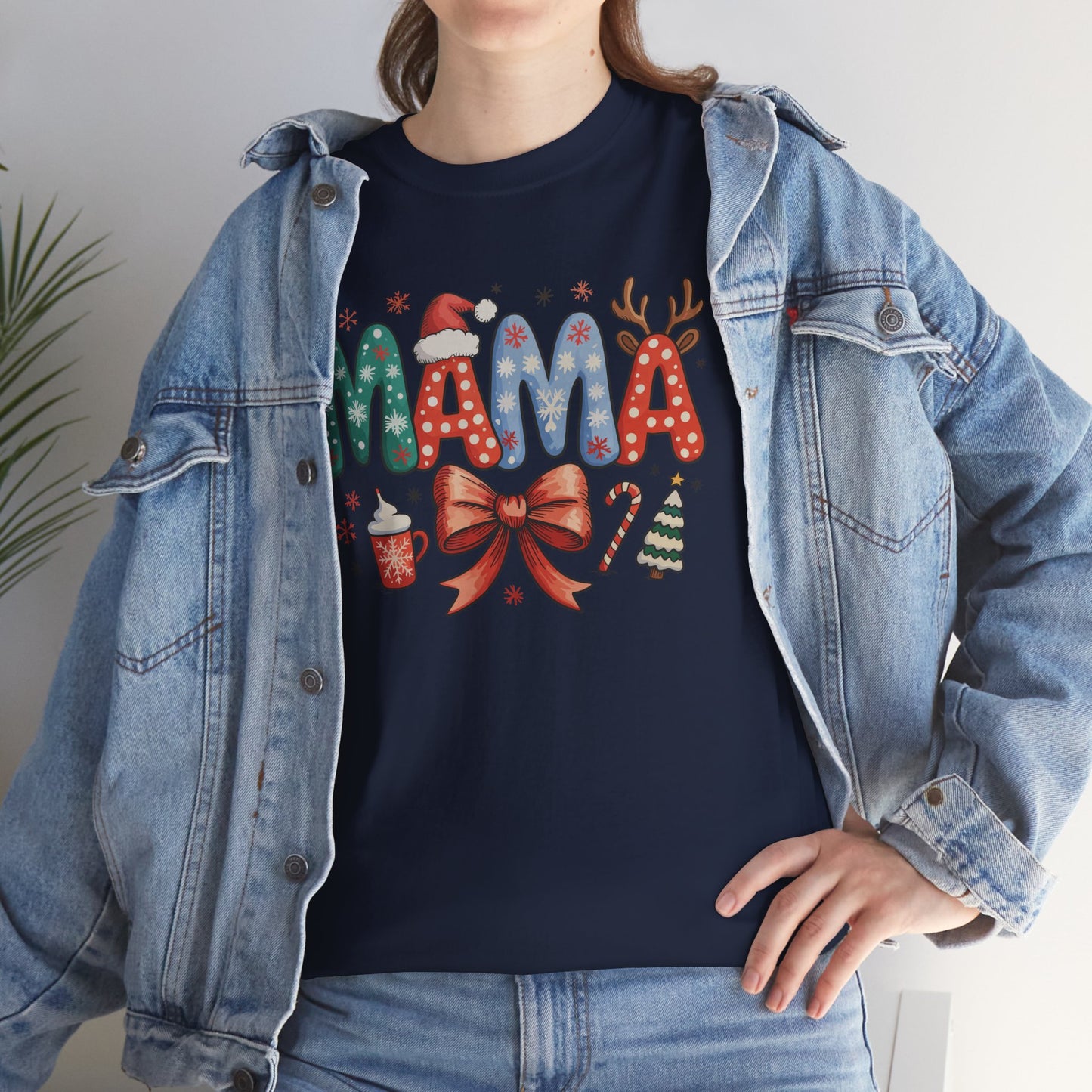 Cute Holiday MAMA Shirt | With Santa Hat, Bow, and Christmas Tree Graphic