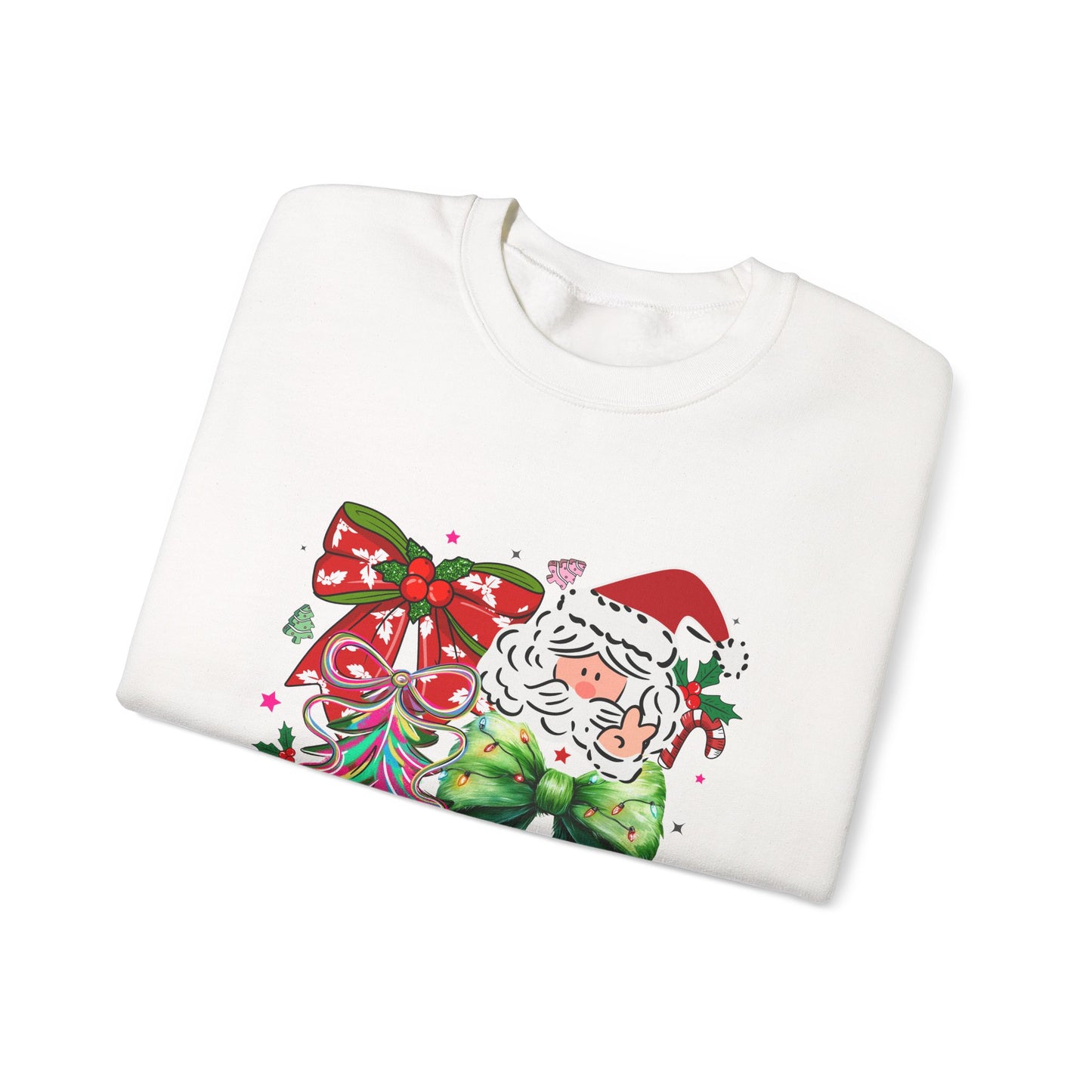Festive Vibrant Retro Santa and Christmas Bow Graphic Sweatshirt