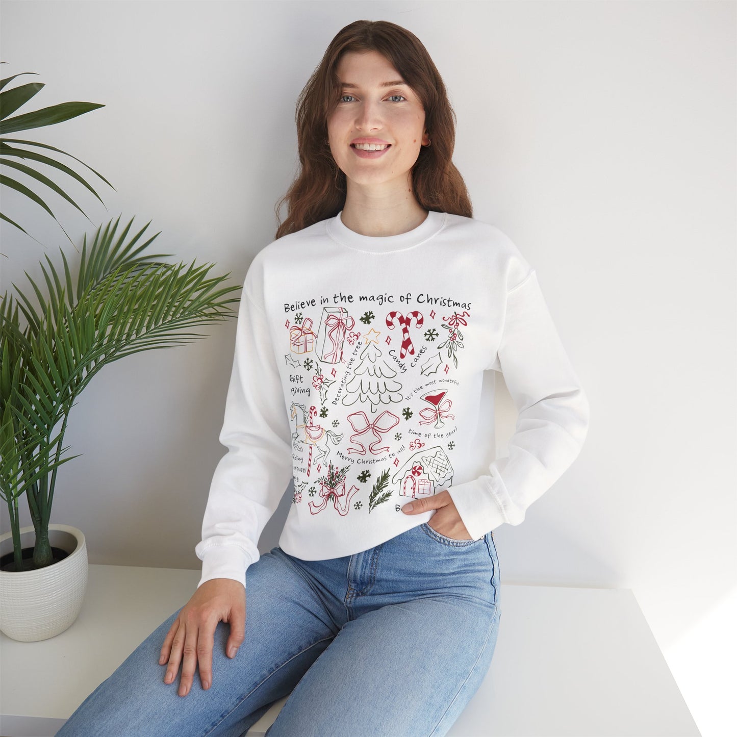 Believe in the Magic of Christmas Doodle Festive Holiday Cozy Crewneck Sweatshirt