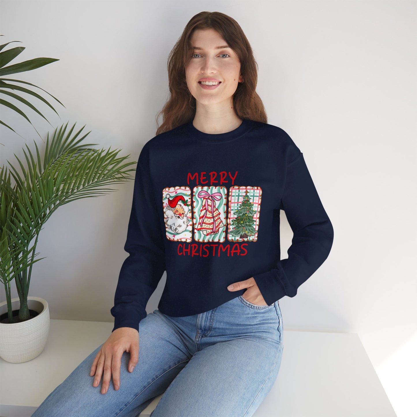 Festive Merry Christmas Crewneck Sweatshirt with Santa, Tree, & Bow Art