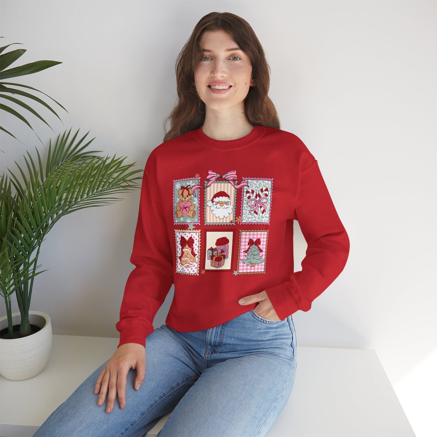 Retro Santa and Reindeer Christmas Stamp Festive Patchwork Holiday Block Sweatshirt