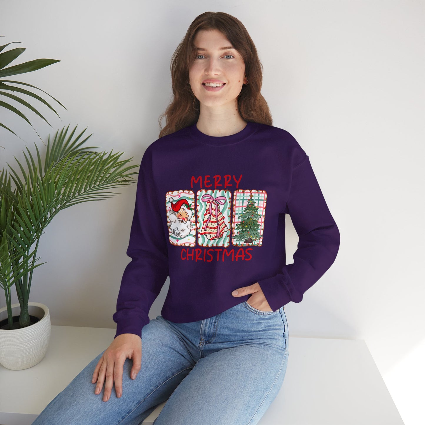 Festive Merry Christmas Crewneck Sweatshirt with Santa, Tree, & Bow Art