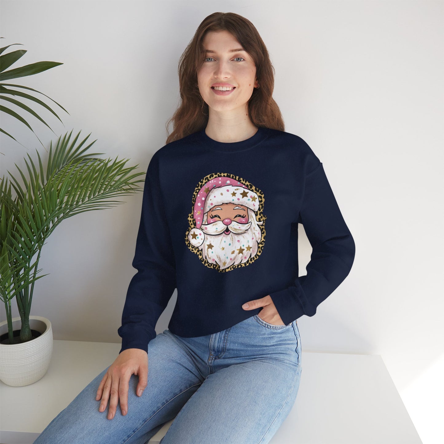 Sassy Pink Santa Head with Leopard Print Hat Christmas Sweatshirt