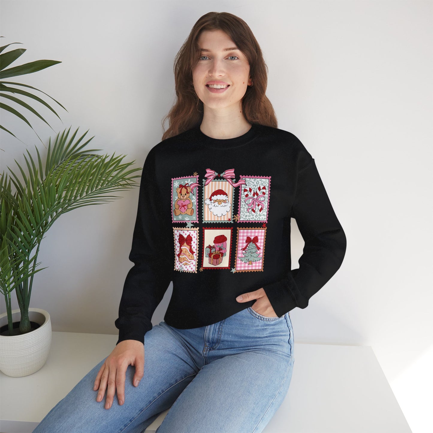 Retro Santa and Reindeer Christmas Stamp Festive Patchwork Holiday Block Sweatshirt