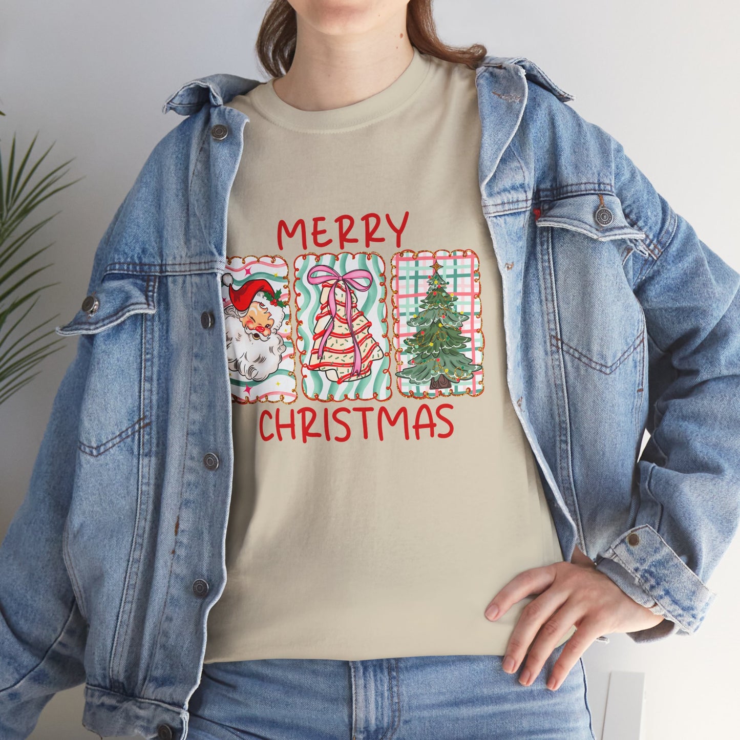 MERRY CHRISTMAS Grid T-Shirt | Santa, Tree, and Plaid Window Pane Tee