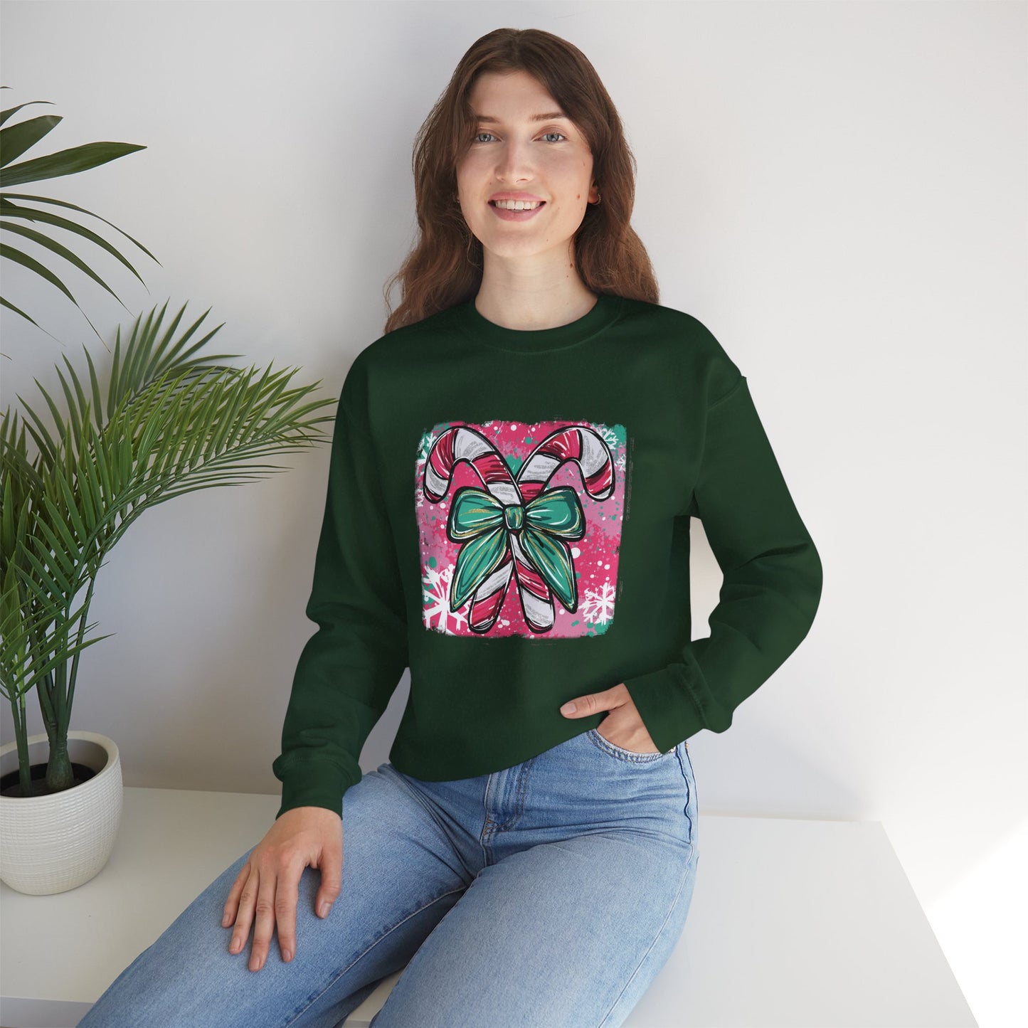 Cute Holiday Candy Cane and Bow Christmas Sweatshirt