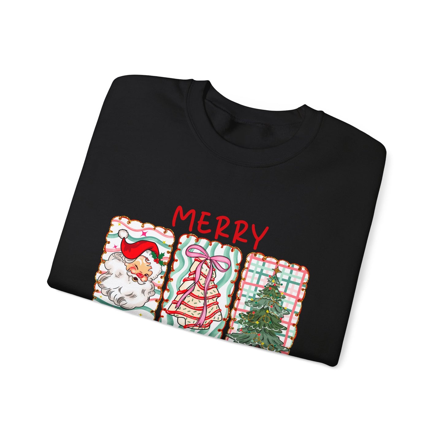 Festive Merry Christmas Crewneck Sweatshirt with Santa, Tree, & Bow Art