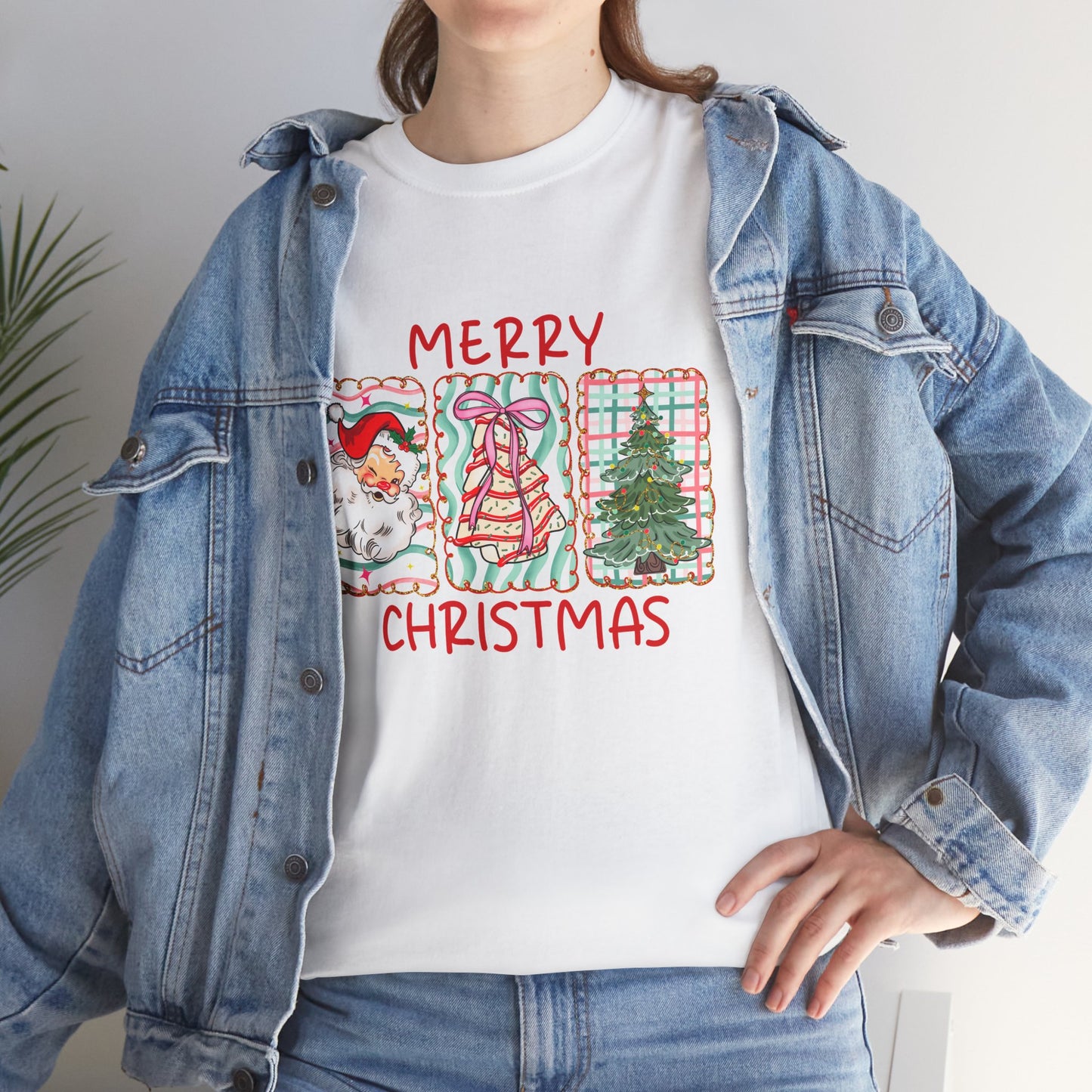 MERRY CHRISTMAS Grid T-Shirt | Santa, Tree, and Plaid Window Pane Tee