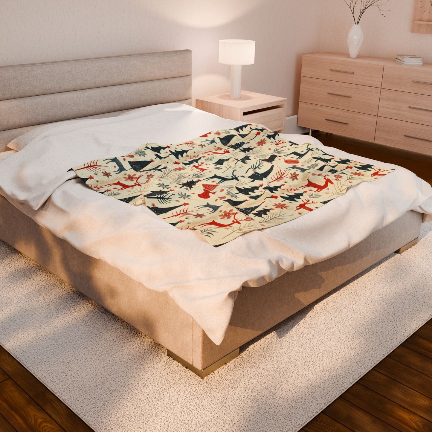 Modern Stylish Holiday Woodland Reindeer & Christmas Tree Cozy Blanket