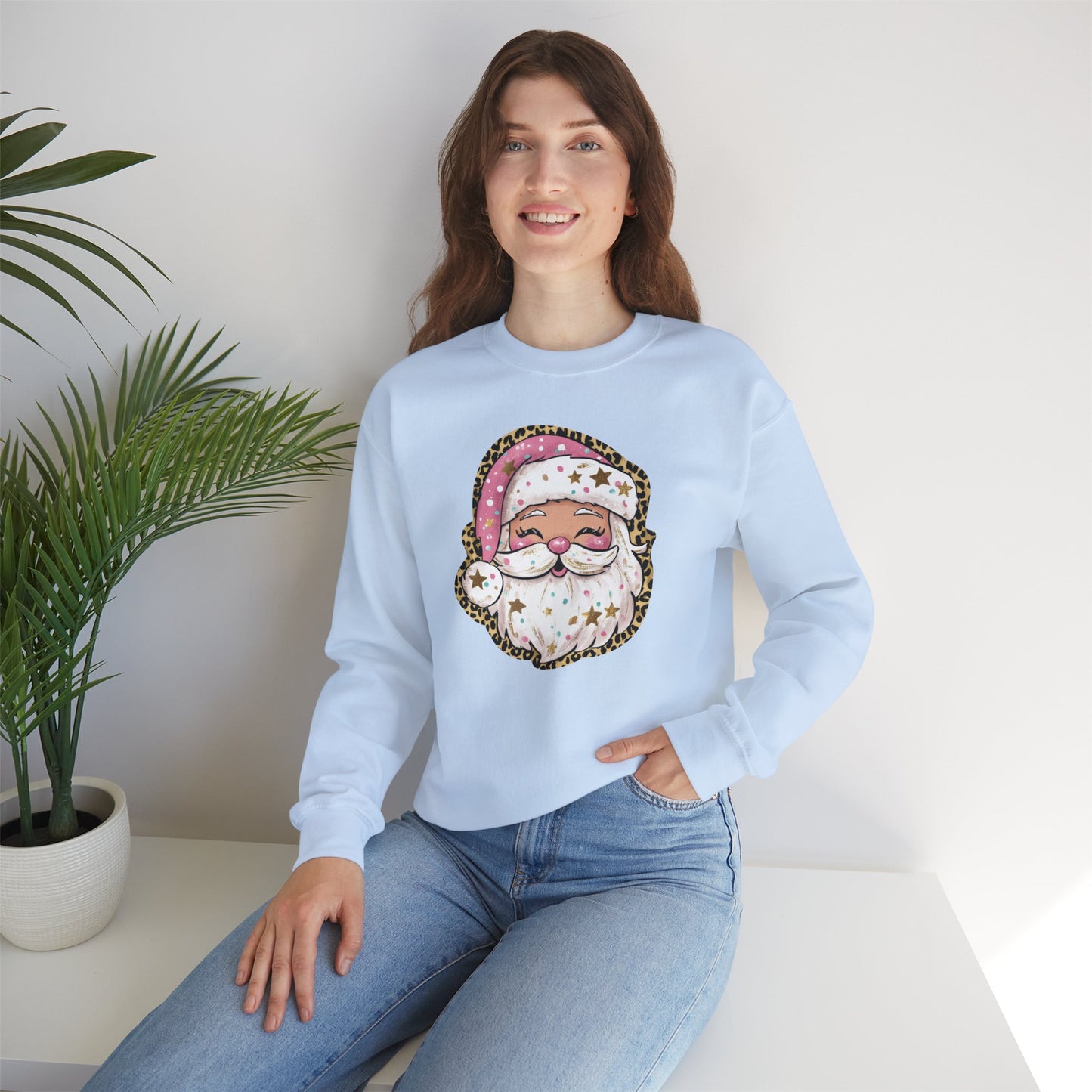 Sassy Pink Santa Head with Leopard Print Hat Christmas Sweatshirt