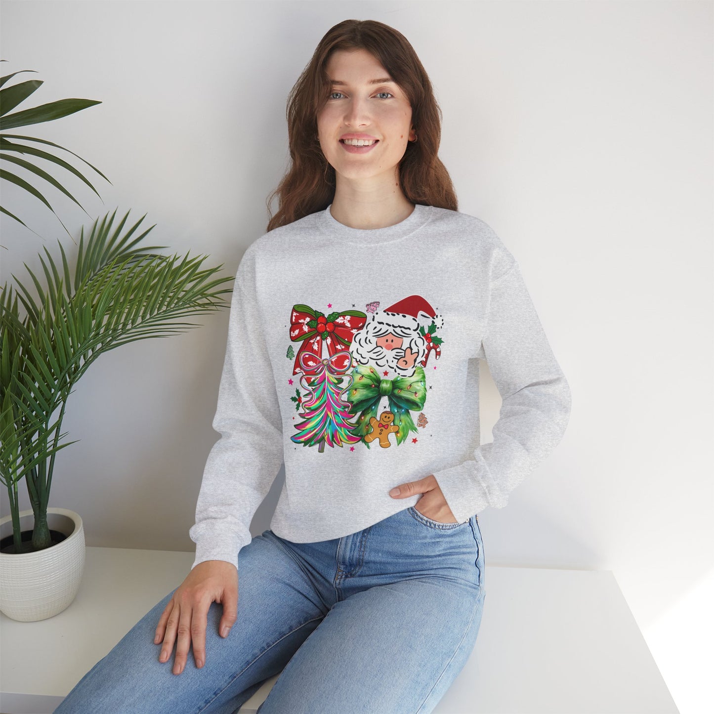 Festive Vibrant Retro Santa and Christmas Bow Graphic Sweatshirt
