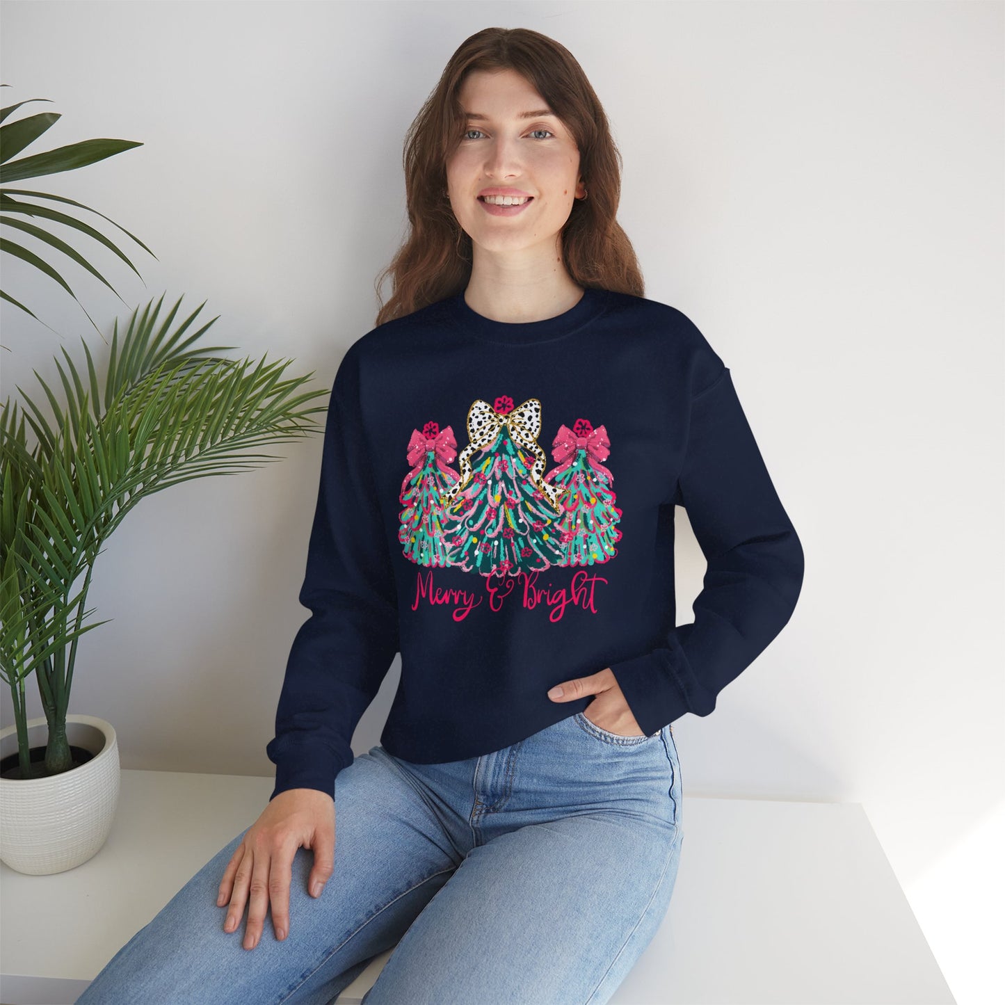Merry & Bright' Sassy Fun Cheetah Print Bow Christmas Trees Sweatshirt