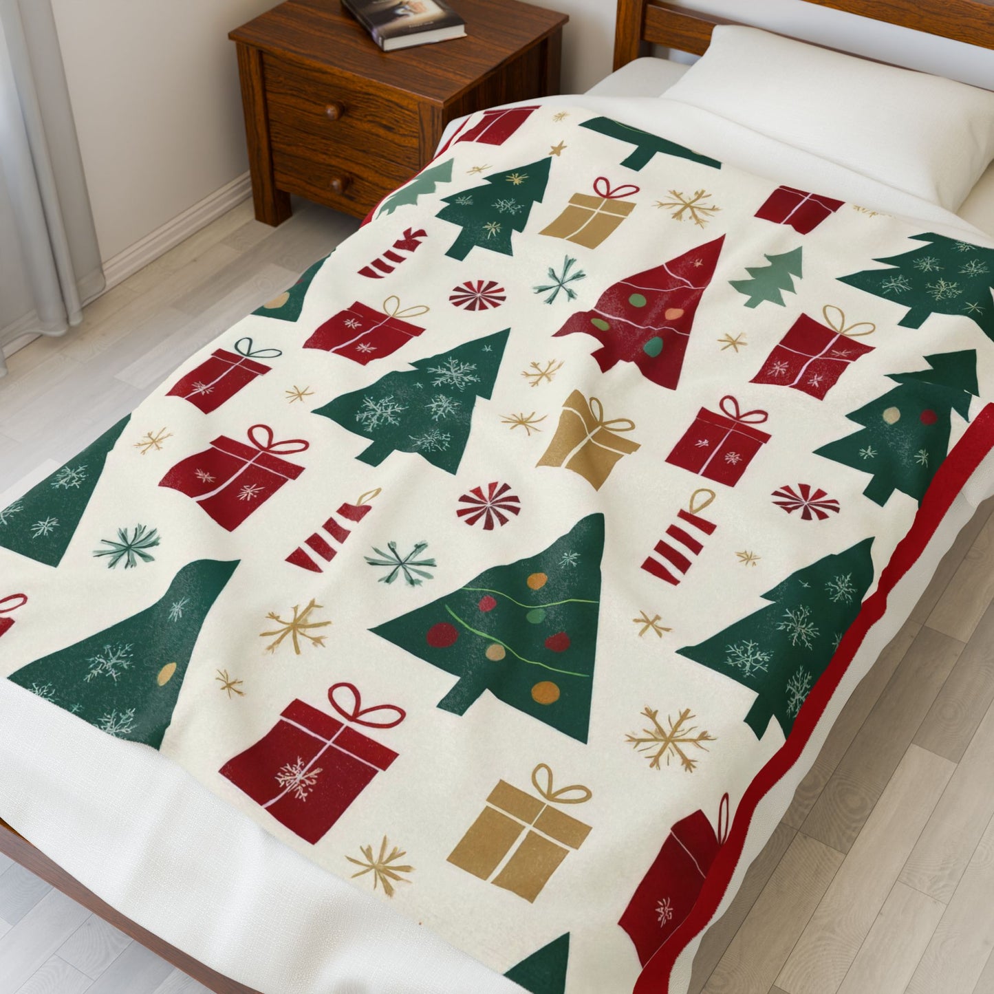 Festive Cozy Christmas Holiday Red and Green Tree Pattern Print Fleece Blanket - Christmas Decor, Winter Snuggle, Seasonal Throw