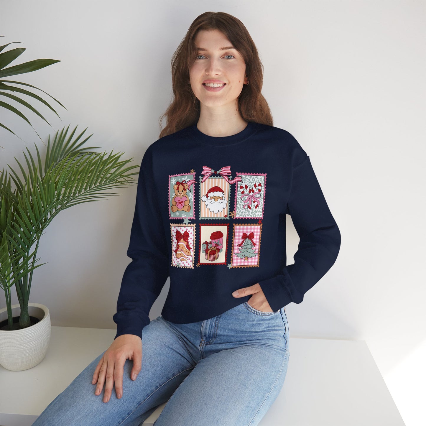 Retro Santa and Reindeer Christmas Stamp Festive Patchwork Holiday Block Sweatshirt