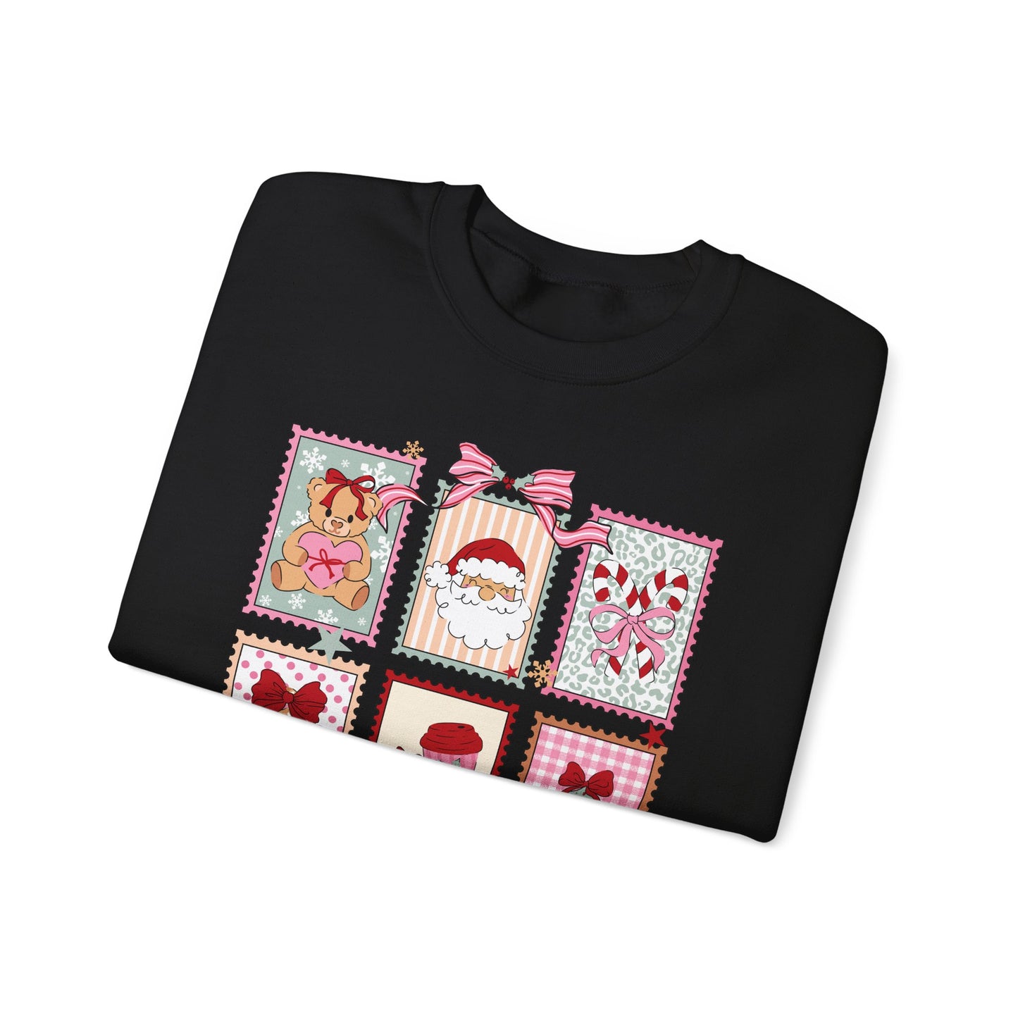 Retro Santa and Reindeer Christmas Stamp Festive Patchwork Holiday Block Sweatshirt