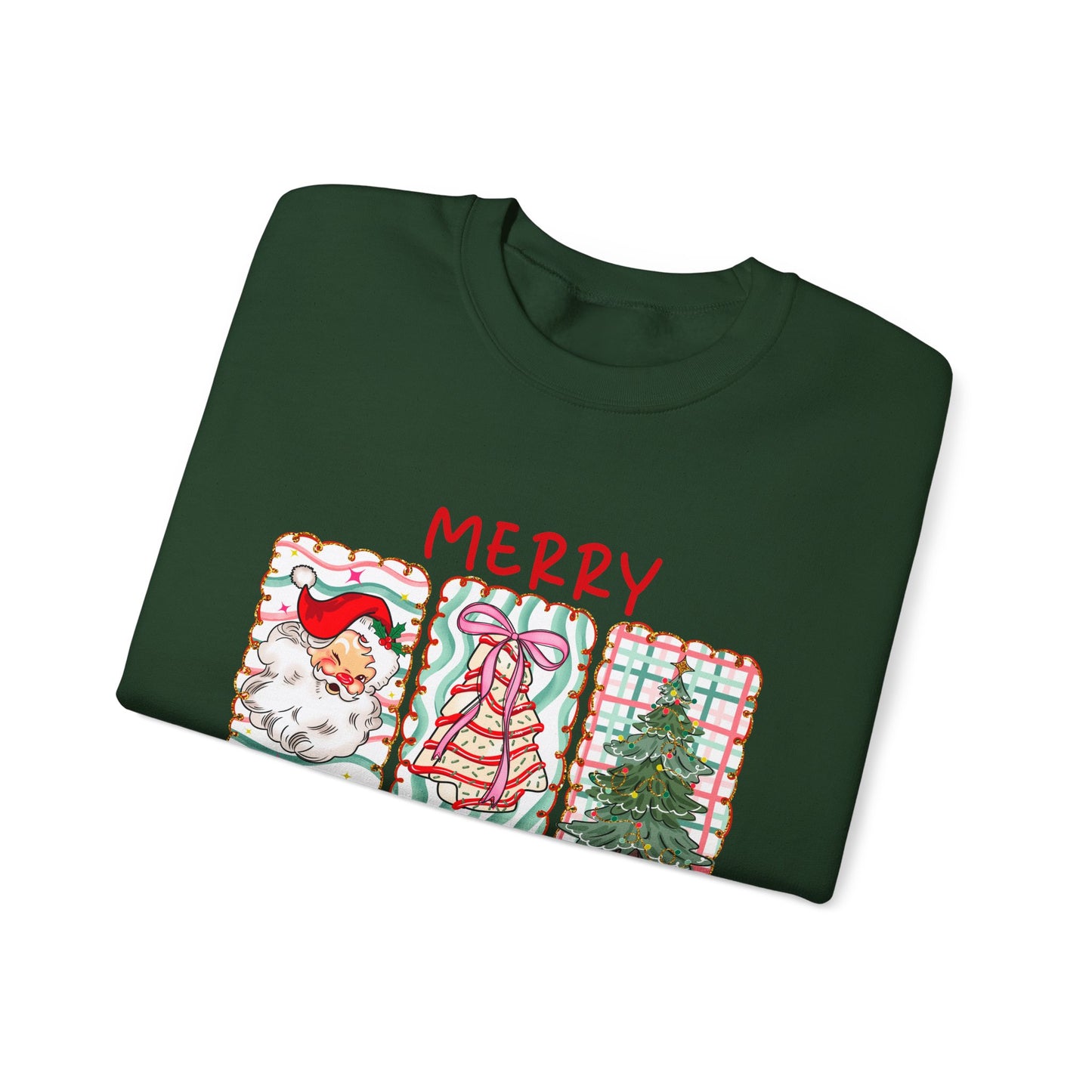 Festive Merry Christmas Crewneck Sweatshirt with Santa, Tree, & Bow Art