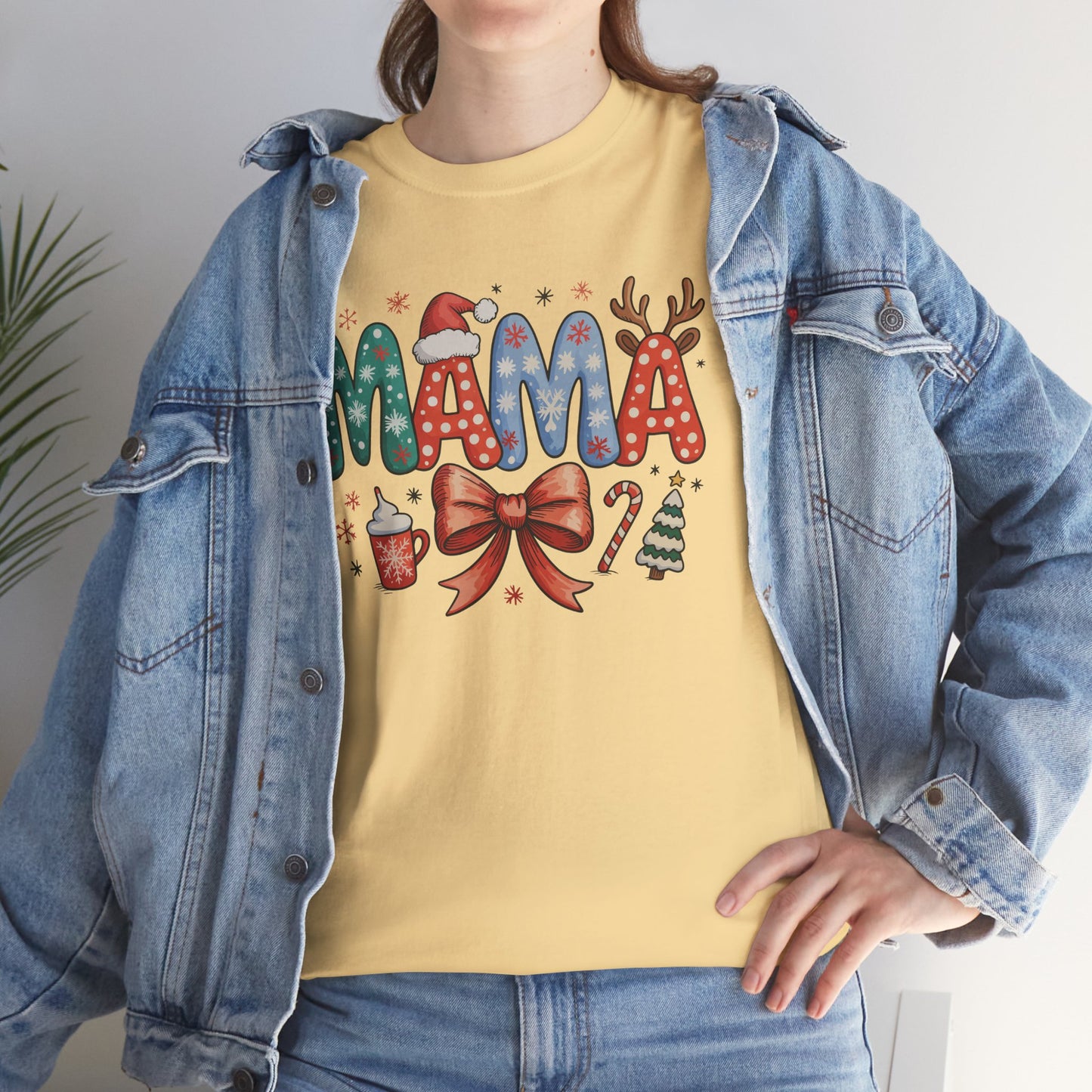 Cute Holiday MAMA Shirt | With Santa Hat, Bow, and Christmas Tree Graphic