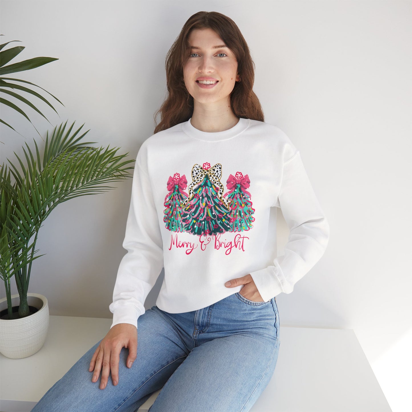 Merry & Bright' Sassy Fun Cheetah Print Bow Christmas Trees Sweatshirt